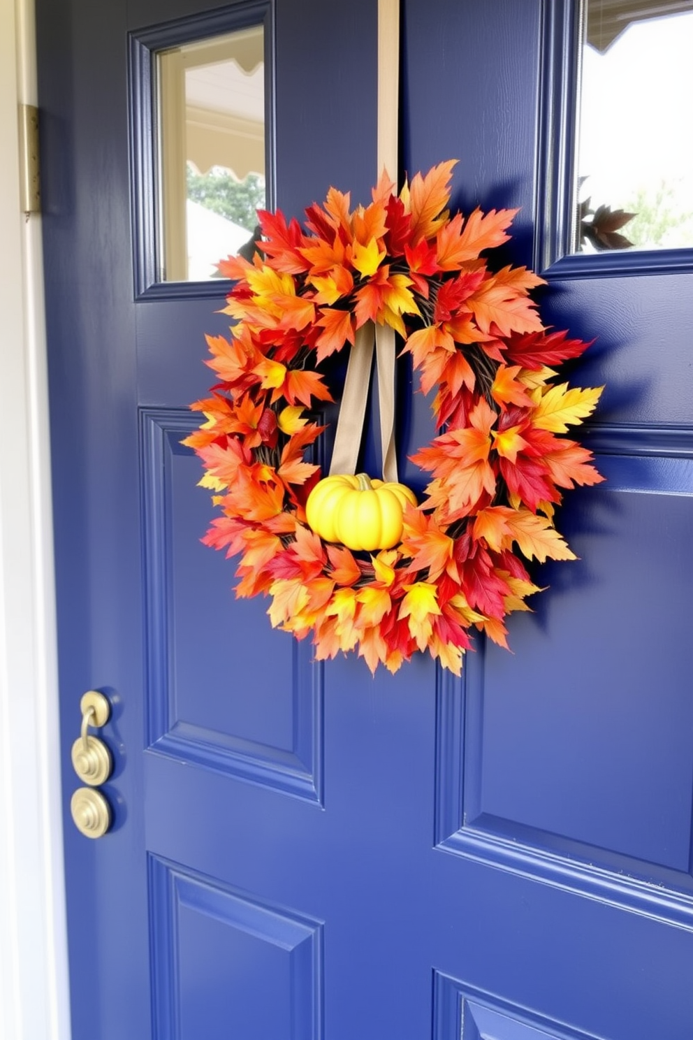 Charming wreath on the front door. The wreath is made of vibrant autumn leaves and small pumpkins, creating a warm welcome for guests. Labor Day small space decorating ideas. Use bold colors and multifunctional furniture to maximize the use of space while incorporating festive elements like themed cushions and table settings.