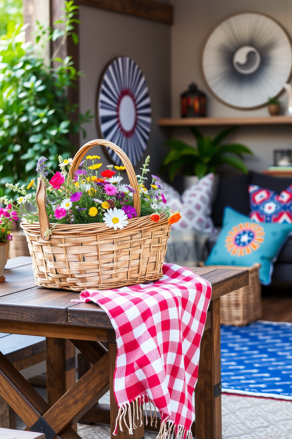 A charming vintage picnic basket is placed on a rustic wooden table, filled with colorful wildflowers and a soft checkered blanket draped beside it. The setting is enhanced by a backdrop of lush greenery, evoking a warm and inviting atmosphere for a Labor Day celebration. In a cozy living area, small space decorating ideas are showcased with clever storage solutions and multifunctional furniture. Brightly colored cushions and artful decor pieces bring life to the compact space, creating a stylish yet functional environment.