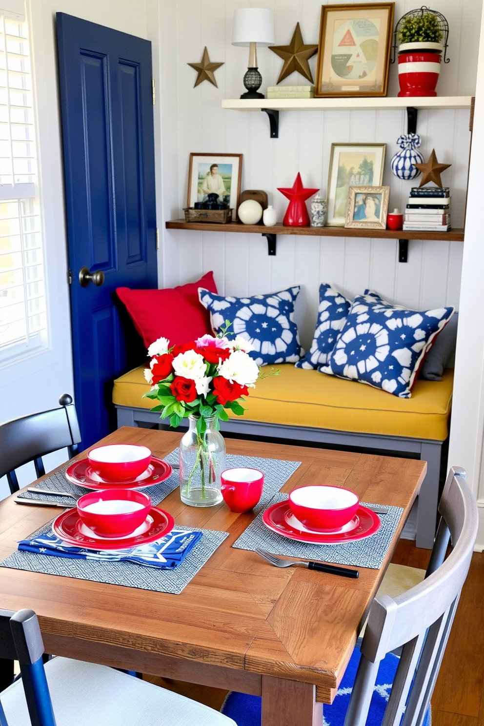 A charming dining setup featuring a red white and blue dishware set arranged on a rustic wooden table. The table is adorned with a simple centerpiece of fresh flowers in a clear vase, creating a festive atmosphere for Labor Day celebrations. In a cozy nook, a small space is decorated with a mix of vintage and modern elements. Brightly colored cushions are placed on a compact bench, while wall-mounted shelves display curated decor items that enhance the patriotic theme.