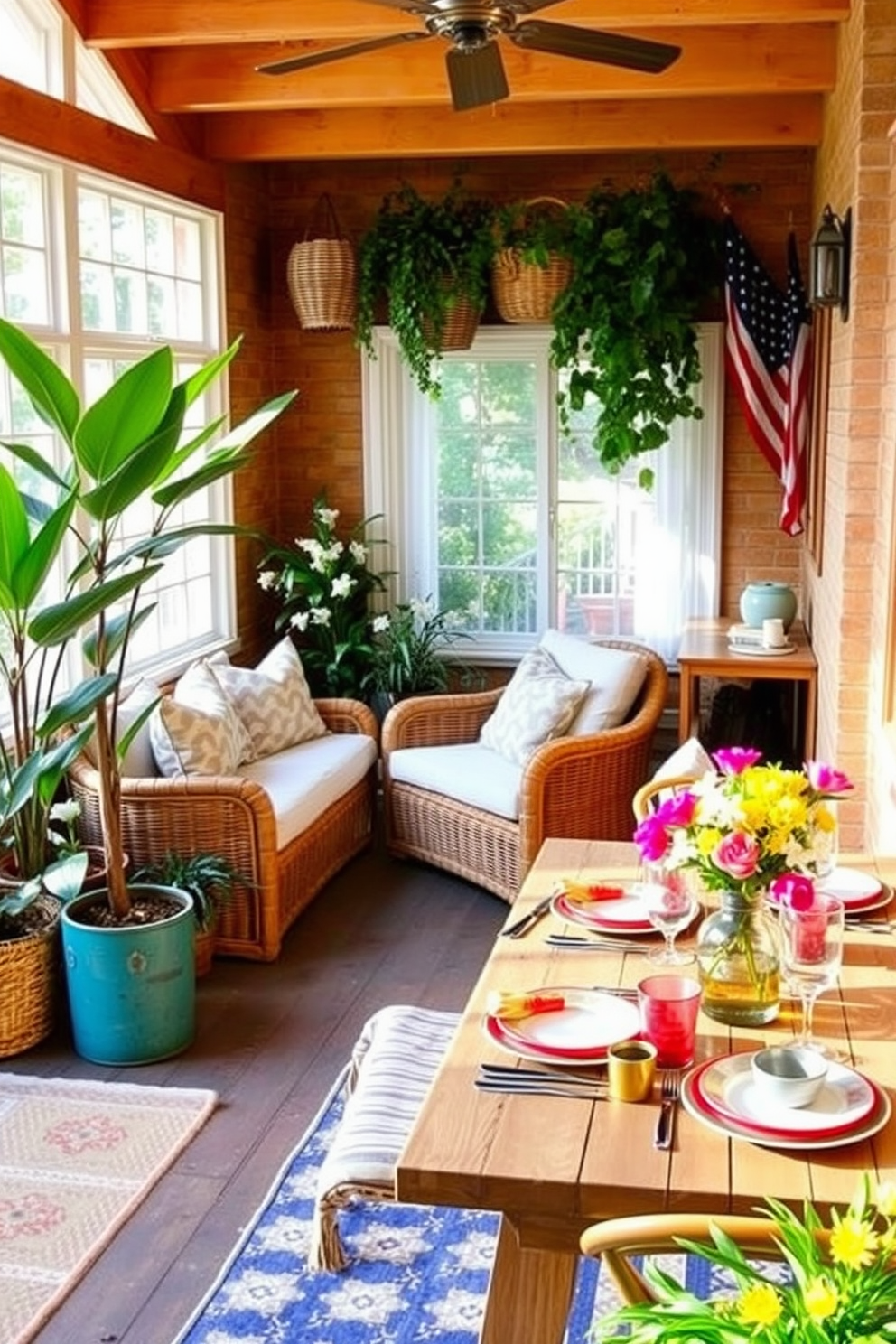 Outdoor inspired decor for indoor spaces. Imagine a cozy living room filled with natural light, featuring large potted plants in the corners and woven baskets for storage. Labor Day small space decorating ideas. Envision a compact dining area adorned with a rustic wooden table set for a festive gathering, complemented by colorful tableware and fresh flowers as a centerpiece.