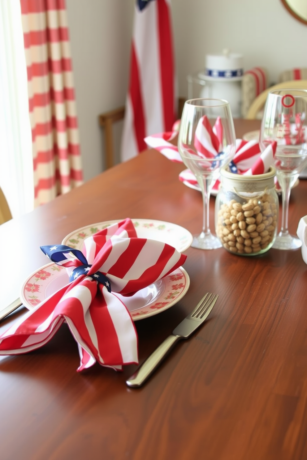 Festive napkins for dining table. Vibrant colors and patterns are used to create a joyful atmosphere, with each napkin folded elegantly and placed beside a decorative plate. Labor Day Small Space Decorating Ideas. Incorporate red, white, and blue accents throughout the space, using compact furniture and clever storage solutions to maximize functionality while maintaining a festive look.