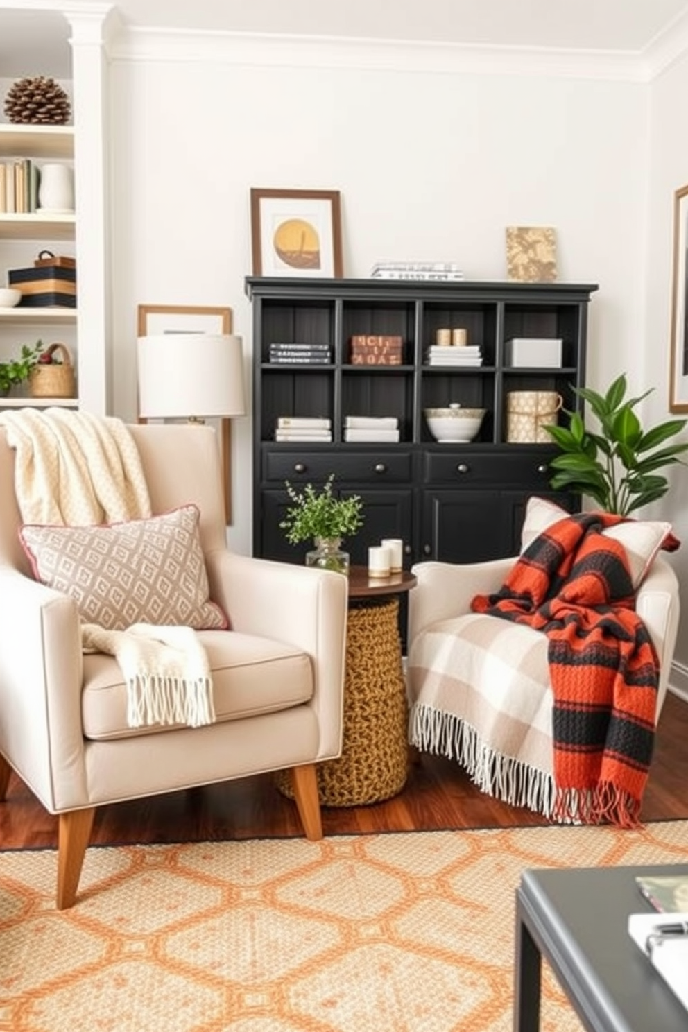 A cozy living area featuring seasonal throw blankets draped over stylish chairs. The space is designed to maximize comfort and warmth while maintaining a chic aesthetic. A compact yet functional layout showcases creative small space decorating ideas. Clever storage solutions and multi-purpose furniture enhance the room's usability without sacrificing style.