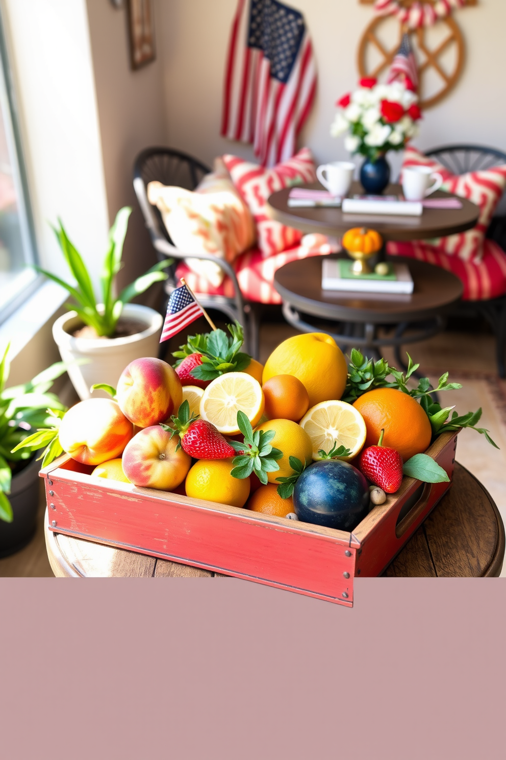 A vibrant decorative tray is filled with an assortment of summer fruits including ripe peaches, juicy strawberries, and bright citrus slices. The tray is set on a rustic wooden table, surrounded by fresh greenery and sunlight streaming in through a nearby window. For Labor Day, create a cozy outdoor space featuring a small, stylish seating arrangement with colorful cushions and a festive table setting. Incorporate red, white, and blue accents to celebrate the holiday while maximizing the use of limited space. Small space decorating ideas include using multifunctional furniture such as a coffee table that doubles as storage. Add mirrors to create the illusion of a larger area and utilize vertical space with wall-mounted shelves for decorative items.