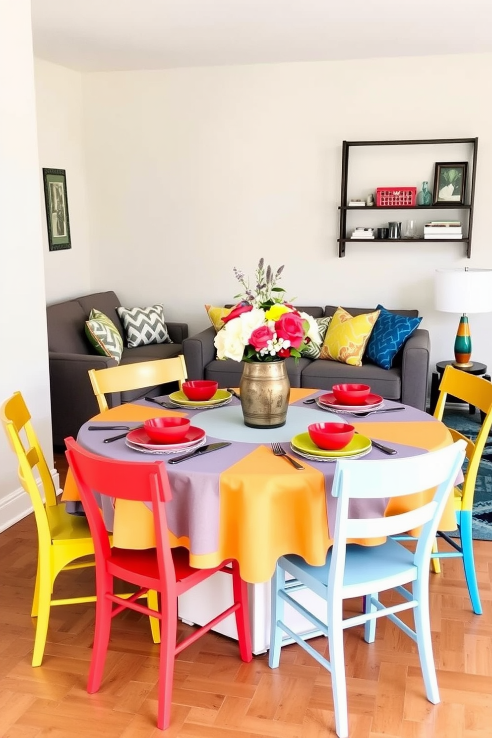 Brightly colored table settings. A vibrant tablecloth in shades of blue and yellow covers a round dining table, surrounded by mismatched chairs in cheerful hues. Labor Day. A festive table is adorned with red, white, and blue dishes, with fresh flowers in a rustic vase at the center, creating a welcoming atmosphere for guests. Small Space Decorating Ideas. A compact living room features a sleek sofa against the wall, accented by colorful throw pillows and a stylish coffee table that doubles as storage. A wall-mounted shelf displays decorative items, maximizing floor space while adding personality to the room.