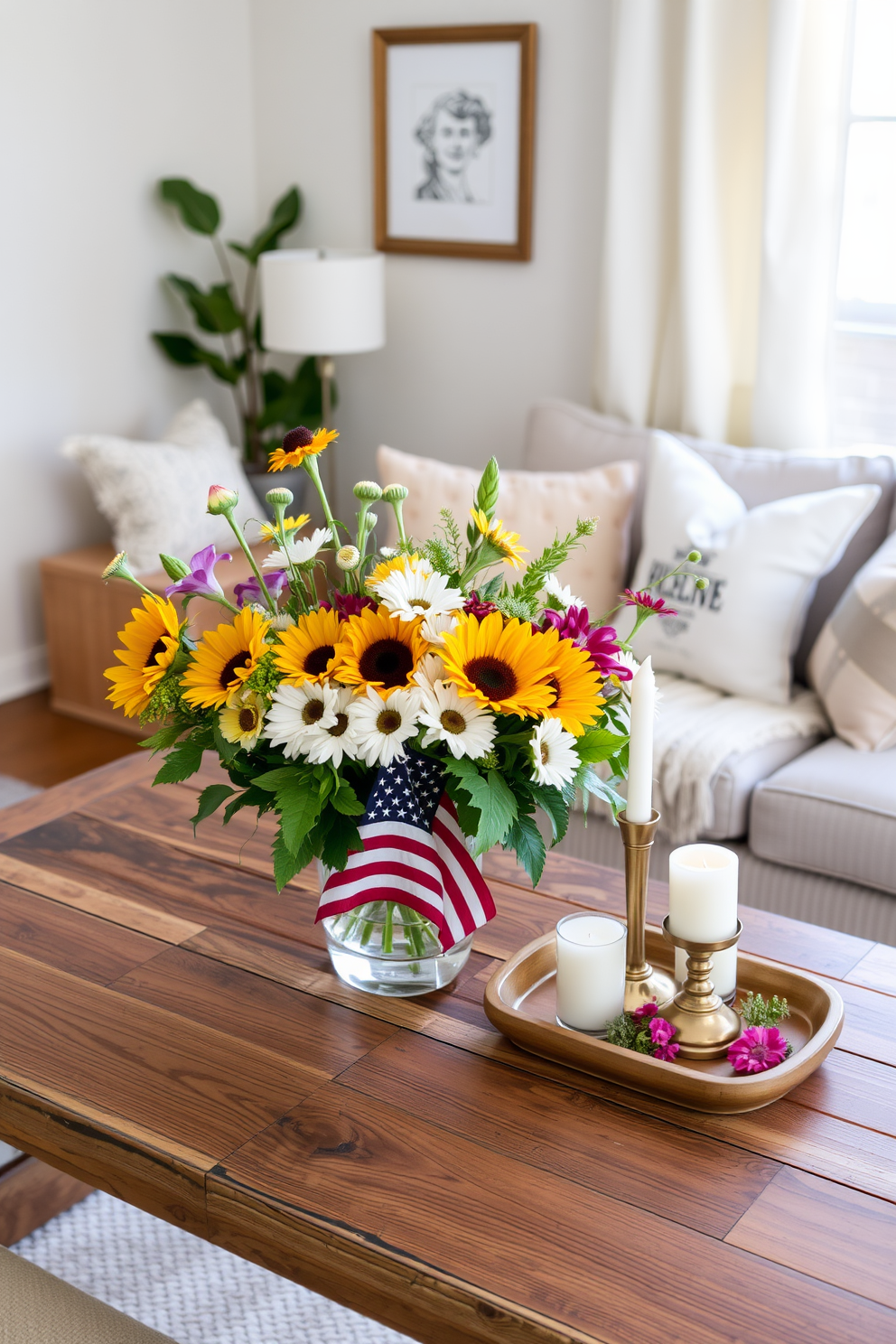 A vibrant centerpiece featuring a mix of seasonal flowers in a stylish vase sits atop a rustic wooden table. The arrangement includes sunflowers, daisies, and greenery, creating a cheerful focal point for a Labor Day gathering. In a cozy living room, a small coffee table is adorned with a minimalist floral arrangement and decorative candles. The space is accented with soft cushions and a light throw, making it inviting and perfect for small space decorating ideas.