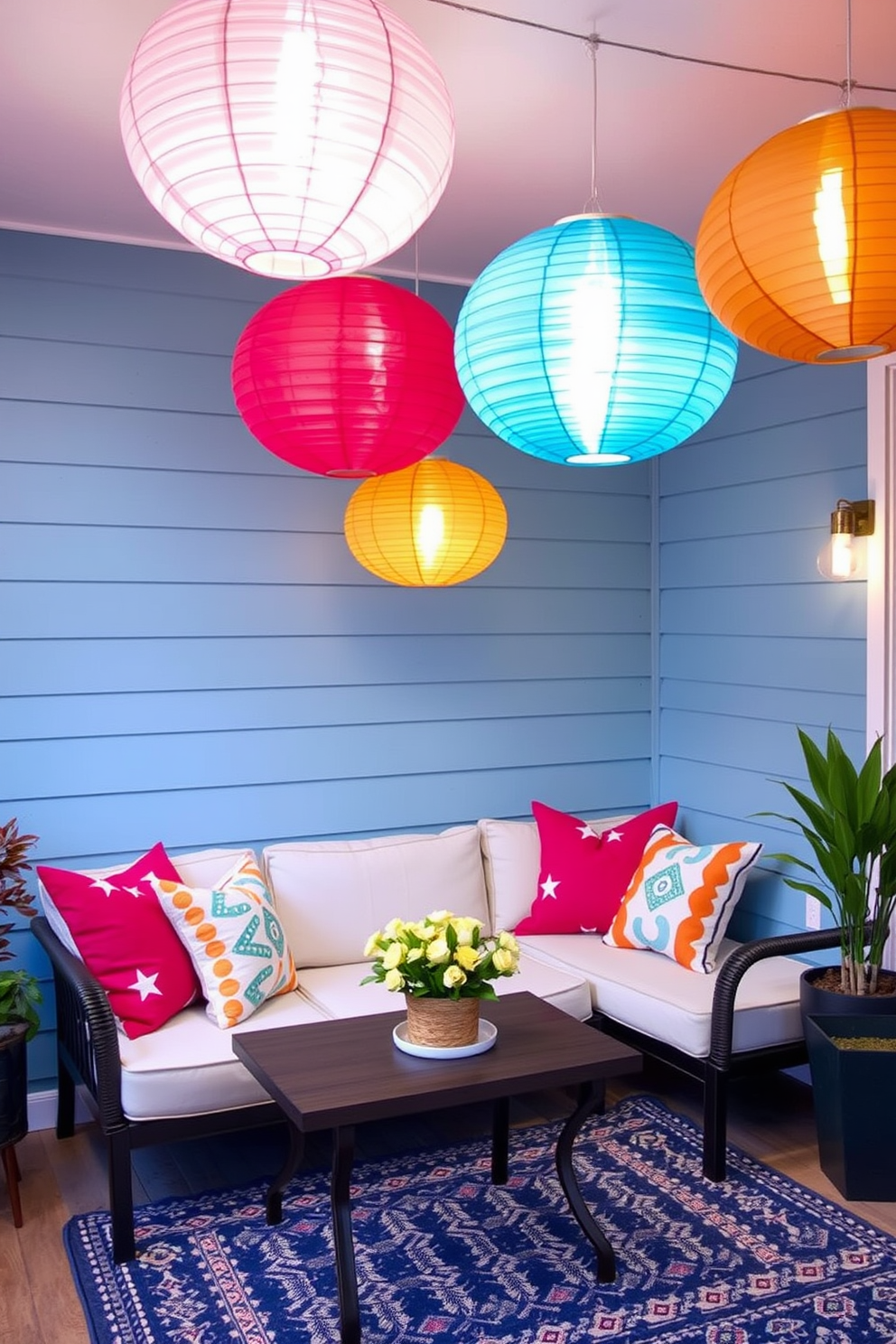 Create a cozy living area featuring colorful hanging paper lanterns that add a festive touch for Labor Day. The space is designed to maximize functionality while maintaining a playful atmosphere, with a small seating arrangement and vibrant cushions.