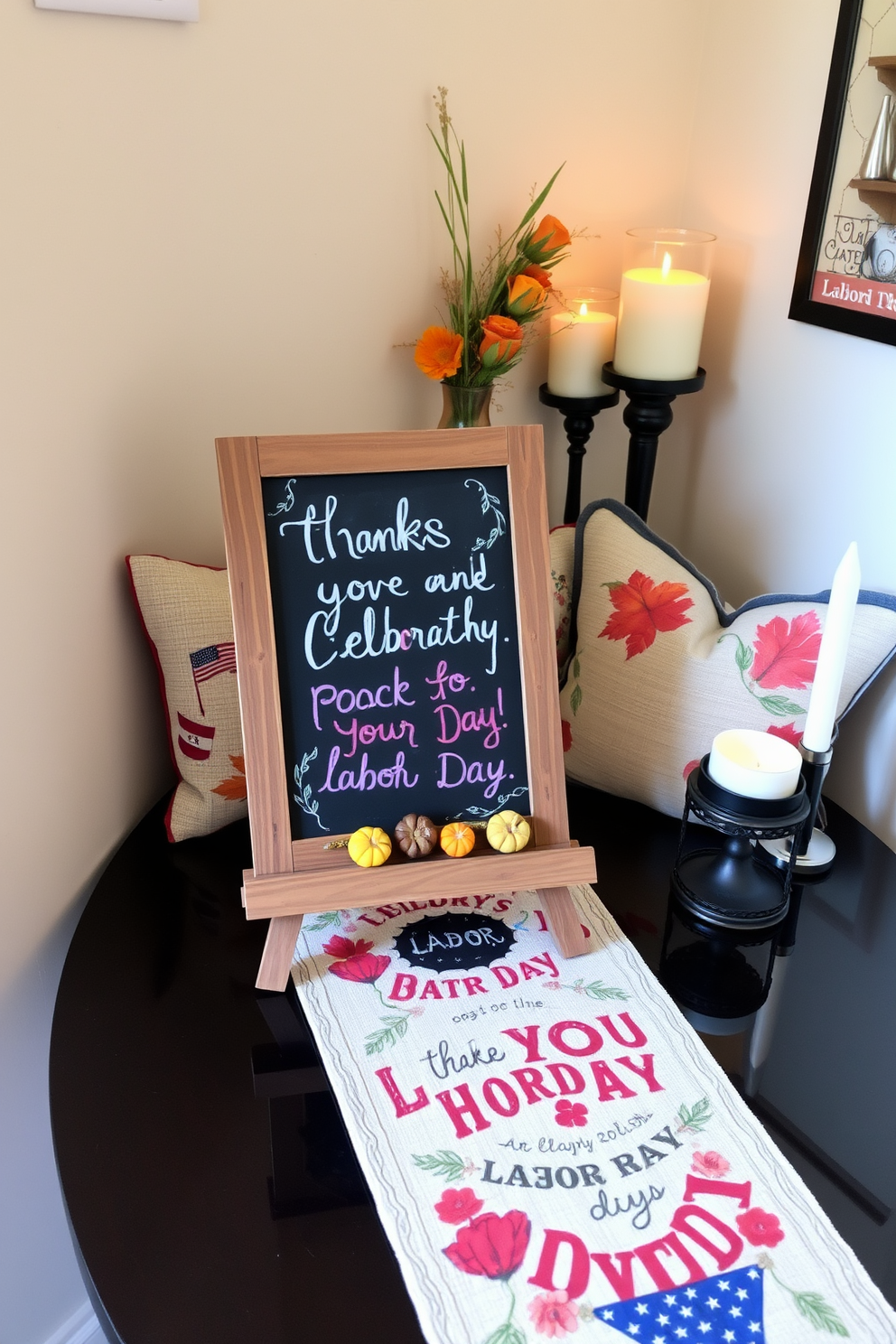 A charming mini chalkboard is displayed on a rustic wooden stand, inviting messages of gratitude and celebration for Labor Day. It features a handwritten greeting in vibrant chalk colors, surrounded by small decorative elements like tiny pumpkins and autumn leaves. In a cozy small space, festive accents are added with seasonal pillows and a table runner that showcases Labor Day themes. The area is enhanced by a few strategically placed candles, creating a warm and inviting atmosphere perfect for the holiday.