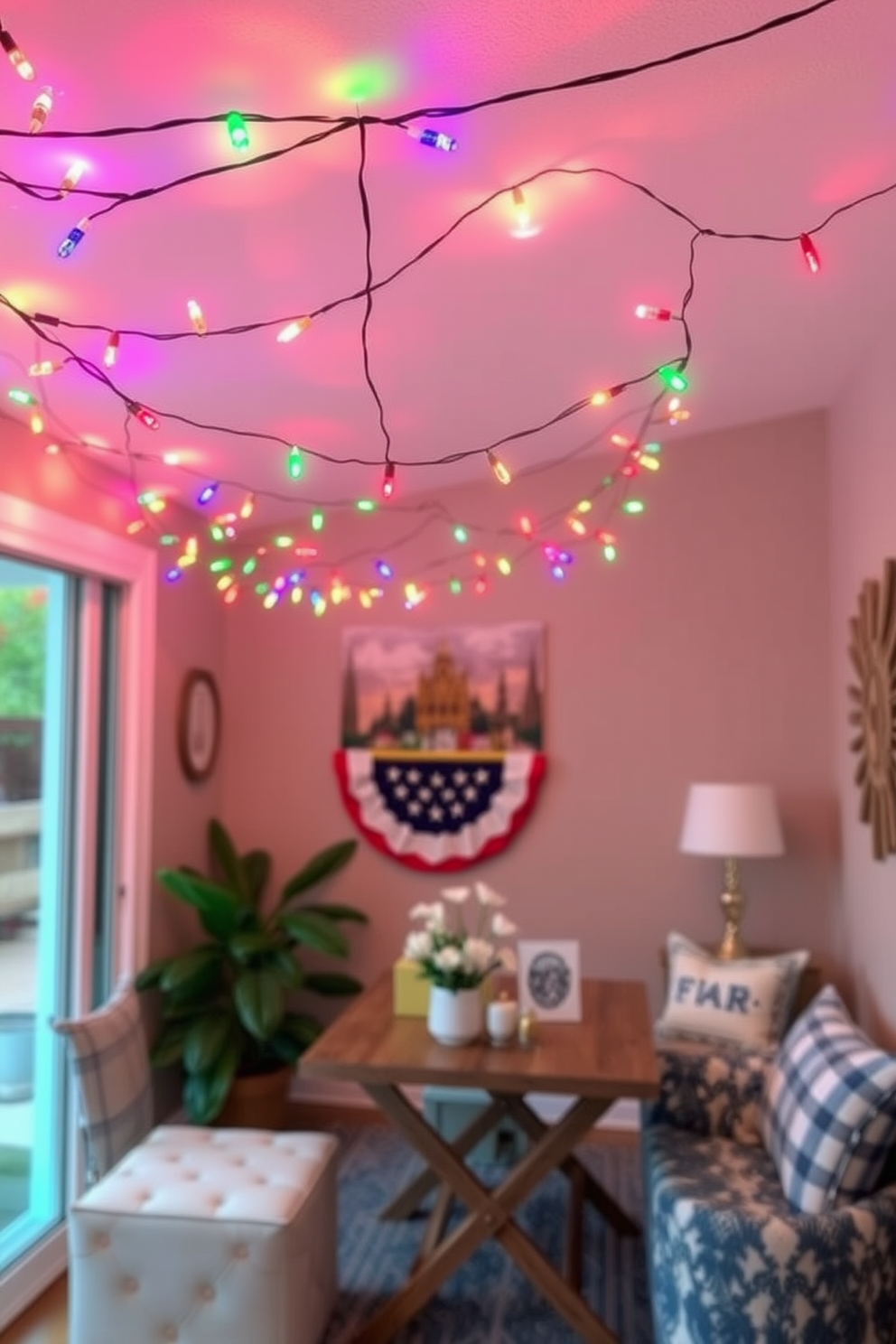 Colorful string lights hang delicately across the ceiling, casting a warm and inviting glow throughout the room. The lights create a festive atmosphere, perfect for celebrating Labor Day with friends and family. Small space decorating ideas include strategically placing furniture to maximize functionality while maintaining an open feel. Incorporate multi-purpose items such as a foldable dining table and storage ottomans to enhance both style and practicality.