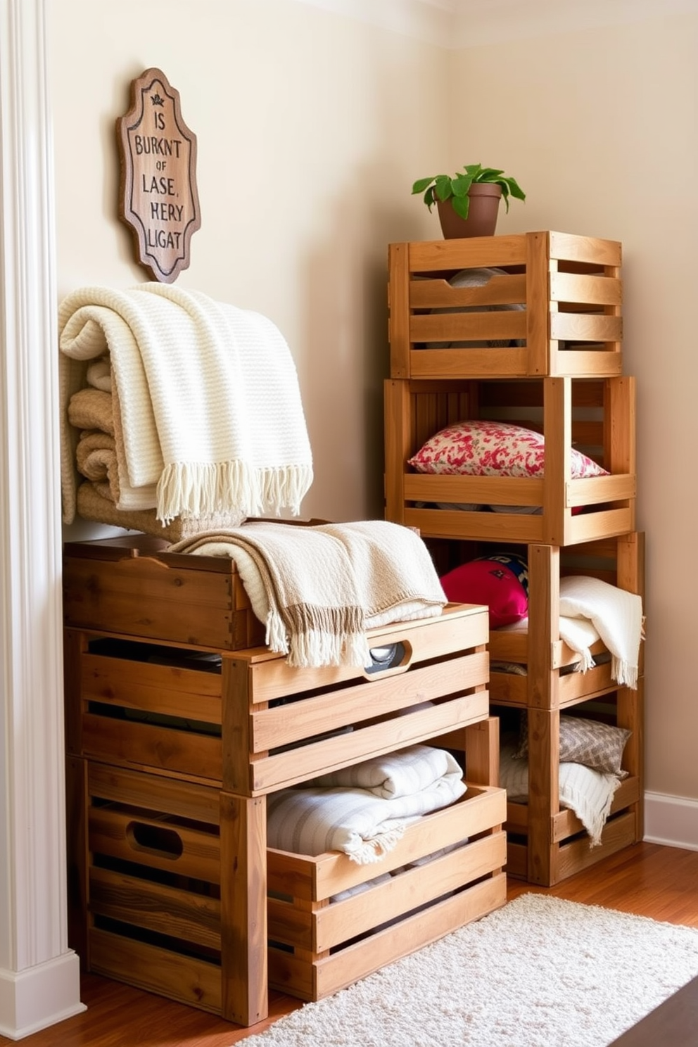 A cozy living room featuring rustic wooden crates stacked in a corner for storage. The crates are filled with soft blankets and colorful cushions, adding warmth to the space while maintaining a charming aesthetic. The walls are painted in a soft beige tone, complementing the natural wood of the crates. A small potted plant sits atop one of the crates, bringing a touch of greenery to the small space.