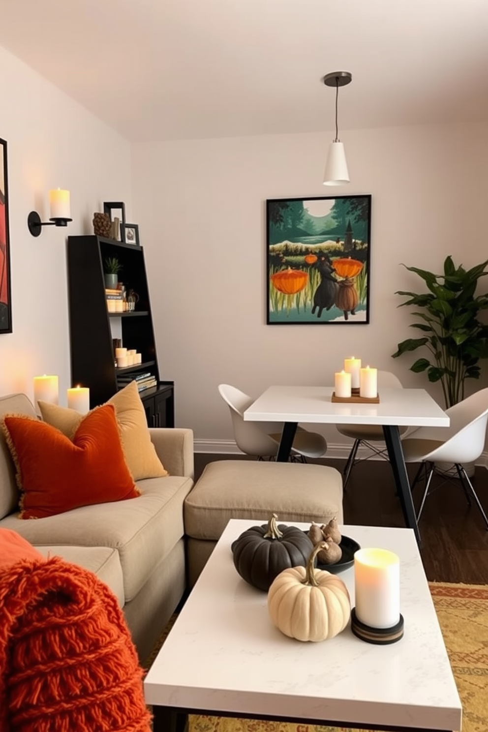 A cozy living room adorned with seasonal candles that emit warm autumn scents. The space features a plush sofa with throw pillows in rich earth tones, and a coffee table topped with decorative pumpkins and a few elegantly arranged candles. A stylishly arranged small space that maximizes functionality and aesthetics. The room includes a compact dining table with modern chairs, layered lighting fixtures, and vibrant artwork that adds personality to the limited area.