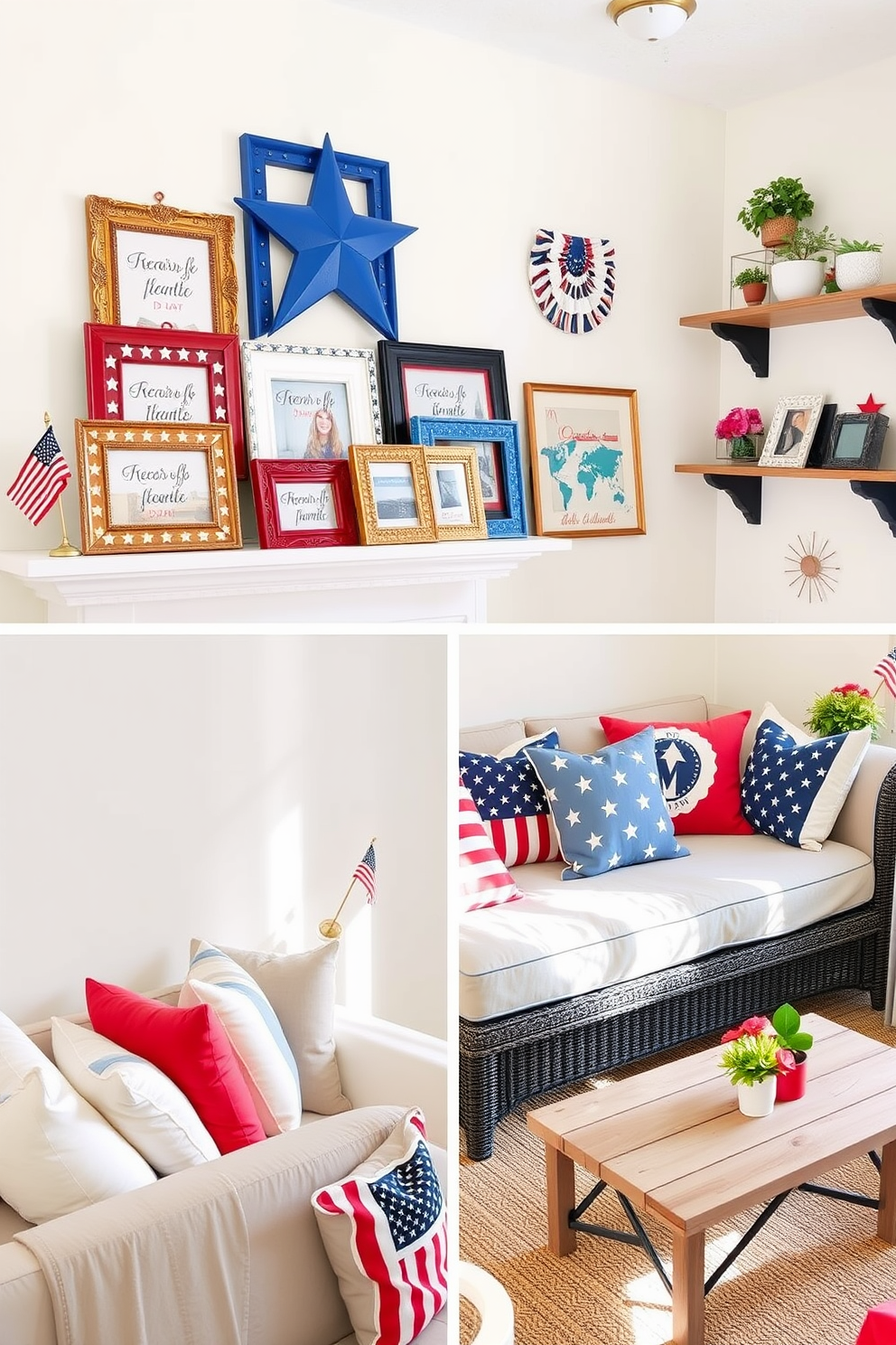 A collection of patriotic-themed picture frames is displayed on a white mantel. Each frame features a different design, showcasing red, white, and blue colors along with stars and stripes. For Labor Day, a cozy outdoor seating area is set up with comfortable cushions and a picnic table. The space is adorned with festive decorations, including small American flags and seasonal flowers. In a small living room, multifunctional furniture is utilized to maximize space. A stylish sofa bed is paired with a compact coffee table, and wall-mounted shelves provide additional storage without crowding the area.