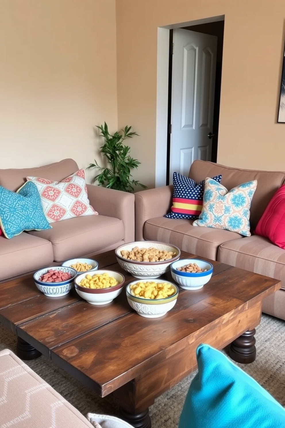 A cozy living room setting designed for a Labor Day gathering. Decorative bowls filled with an assortment of snacks are placed on a rustic coffee table surrounded by a plush sofa and colorful throw pillows. The walls are painted in a warm beige tone, enhancing the inviting atmosphere. A small indoor plant sits in the corner, adding a touch of greenery to the compact space.