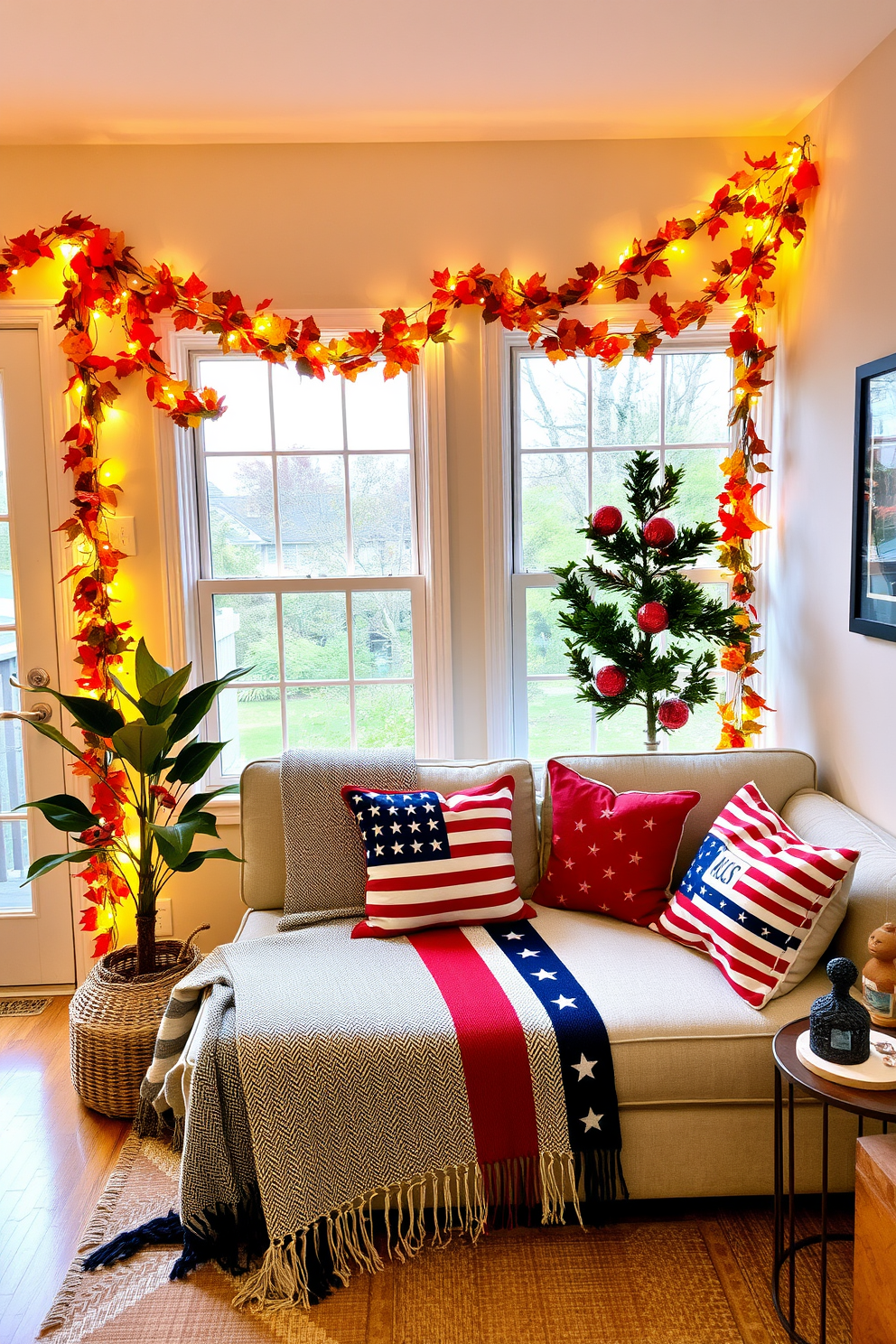 A cozy living room adorned with festive garlands draped around the windows. The garlands are made of vibrant autumn leaves and twinkling fairy lights, creating a warm and inviting atmosphere. A stylish small space decorated for Labor Day with red, white, and blue accents. The room features a compact seating area with a patriotic-themed throw blanket and decorative pillows that celebrate the holiday spirit.