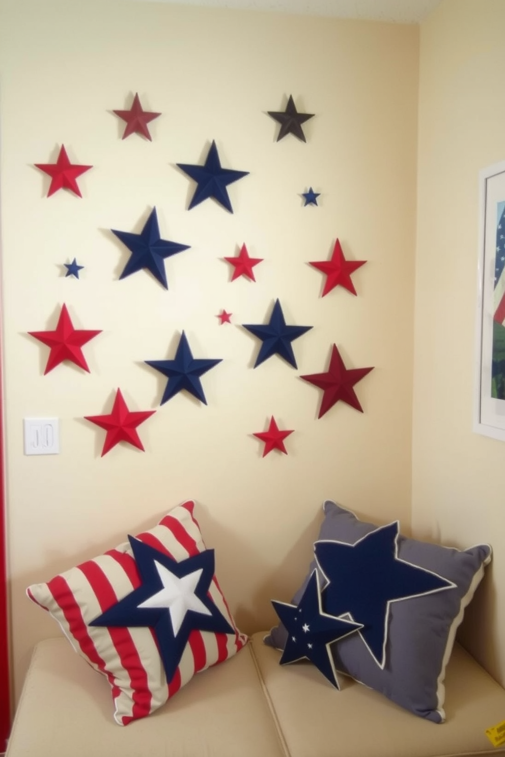 A cozy small living area decorated for Labor Day. String lights are draped across the ceiling, casting a warm glow over the space, while small decorative pillows in red, white, and blue add festive charm to the seating.