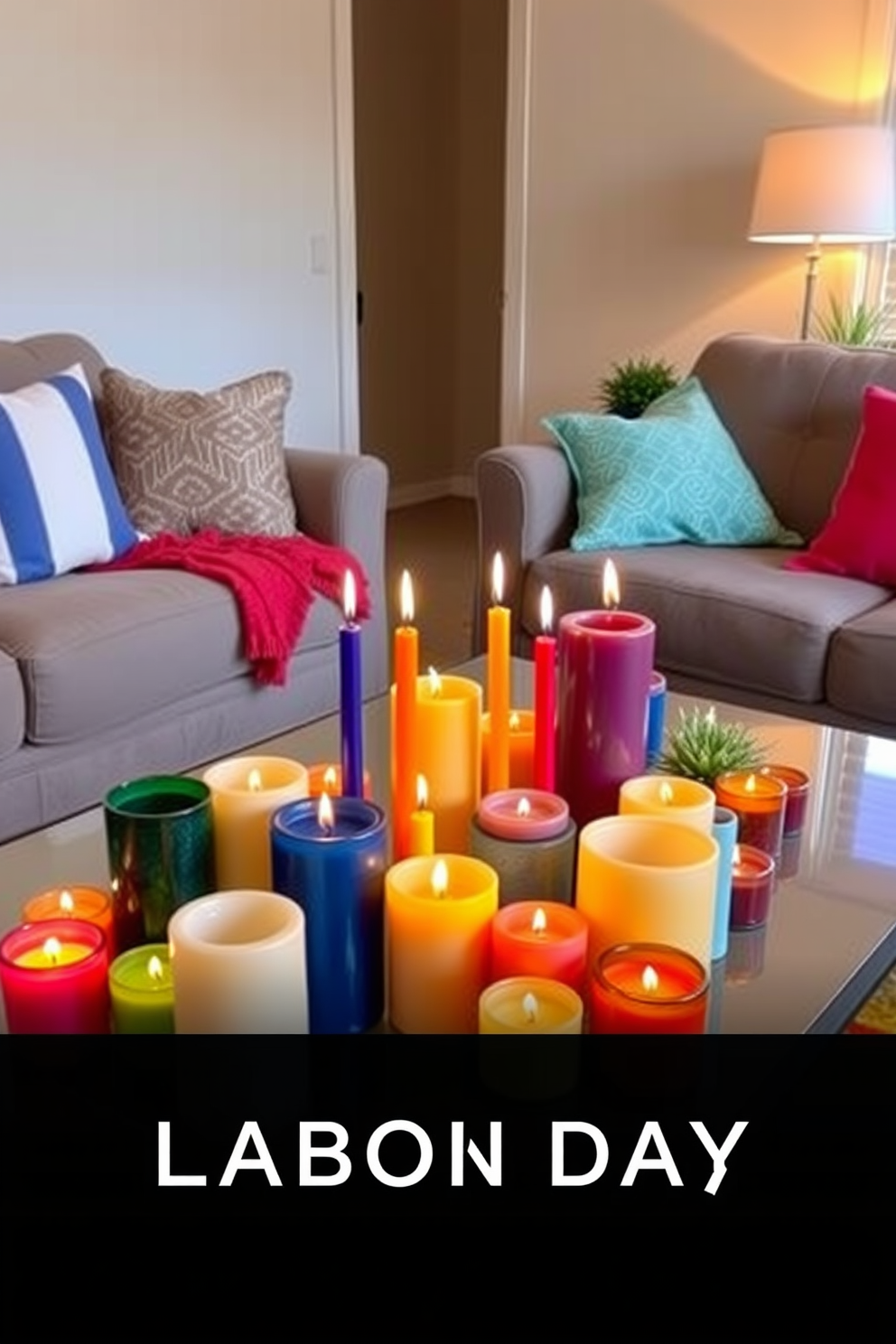 A collection of colorful candles in various shapes and sizes is arranged on a sleek coffee table, casting a warm glow throughout the room. The candles are set against a backdrop of soft neutral walls, enhancing the cozy atmosphere for a Labor Day gathering. In a small living space, a clever arrangement of furniture maximizes functionality while maintaining style. Bright throw pillows and a small indoor plant add vibrant pops of color, creating an inviting and festive environment.