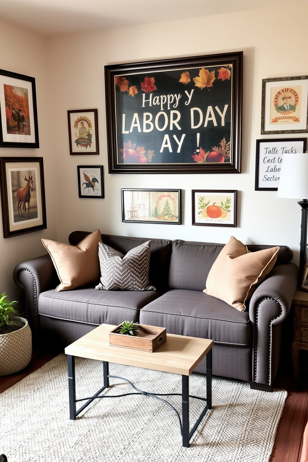 A cozy living room adorned with seasonal artwork celebrating Labor Day. The walls feature framed pieces showcasing autumn leaves and festive themes, creating a warm atmosphere. A compact yet stylish arrangement with a multi-functional sofa that doubles as storage. Decorative pillows in earthy tones complement the space, while a small coffee table adds functionality without crowding the room.