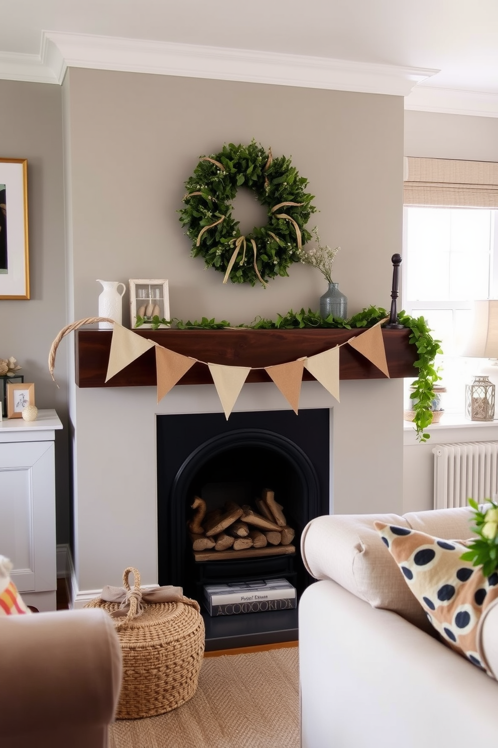 Bunting made from natural fabric drapes elegantly across the mantelpiece, adding a festive touch to the room. The colors of the bunting are soft earth tones that complement the cozy atmosphere of the space. Creative small space decorating ideas transform the living area into a multifunctional haven. A clever arrangement of furniture and strategic use of mirrors enhance the sense of openness and light.