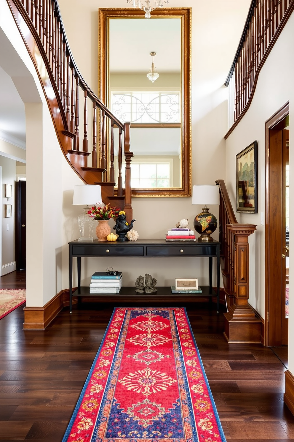 A stunning staircase adorned with a vibrant runner rug that adds a pop of color to the space. The walls are painted in a soft beige, and the staircase features elegant wooden railings that complement the rug's design. At the base of the staircase, a decorative console table holds a collection of seasonal decor items. Above the table, a large framed mirror reflects natural light, enhancing the inviting atmosphere of the entryway.