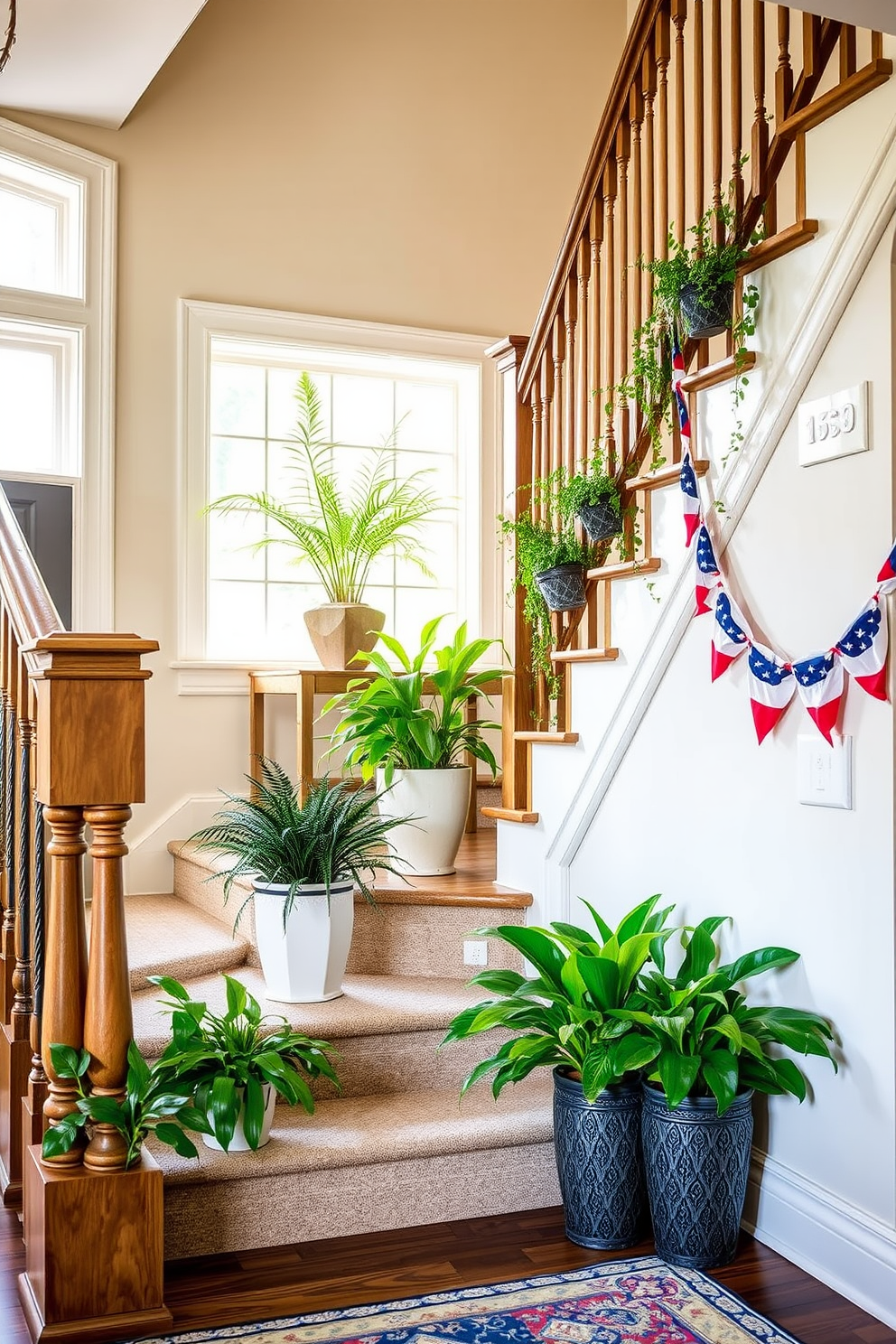 A custom staircase railing features a unique design that combines elegant curves with geometric patterns. The railing is crafted from wrought iron and finished in a matte black, complementing the warm wooden staircase beneath. For Labor Day, the staircase is adorned with festive decorations, including red, white, and blue garlands. Lanterns with flickering candles line the steps, creating a welcoming and celebratory atmosphere.