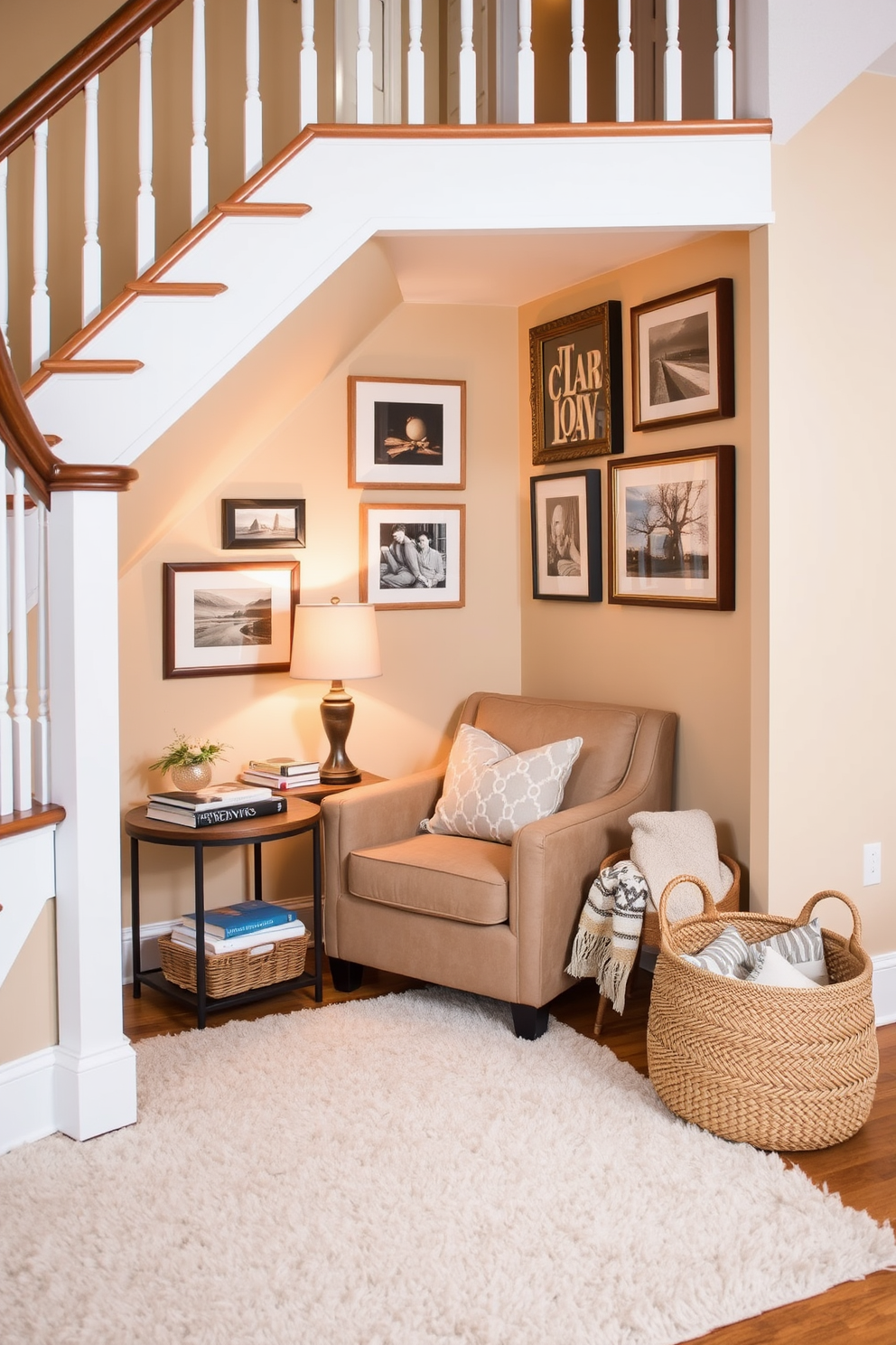 Create a cozy reading nook below the stairs with a plush armchair upholstered in soft fabric. A small side table holds a stack of books and a warm lamp, while a woven basket filled with blankets sits nearby. The walls are painted in a warm beige tone, accented by a gallery of framed art. A soft area rug adds texture to the space, creating an inviting atmosphere perfect for relaxation.