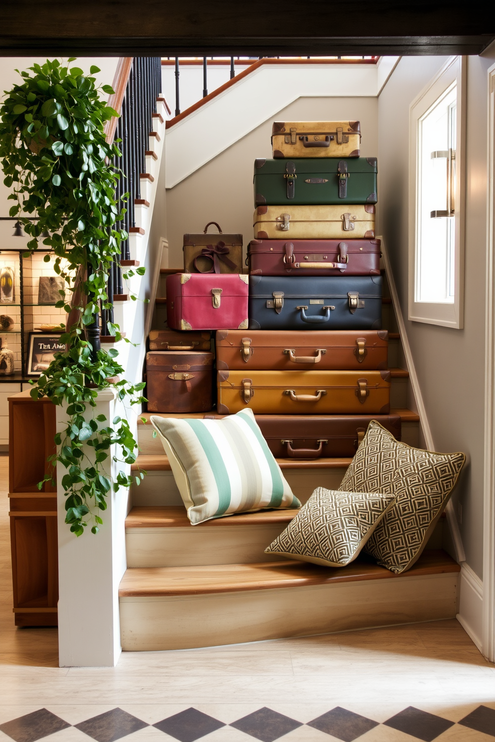 A charming staircase adorned with vintage suitcases stacked creatively. The suitcases are in various sizes and colors, adding a whimsical touch to the space. Soft lighting highlights the textures of the suitcases while fresh greenery is placed nearby for a pop of color. Decorative pillows in coordinating patterns are arranged on the steps to enhance the inviting atmosphere.