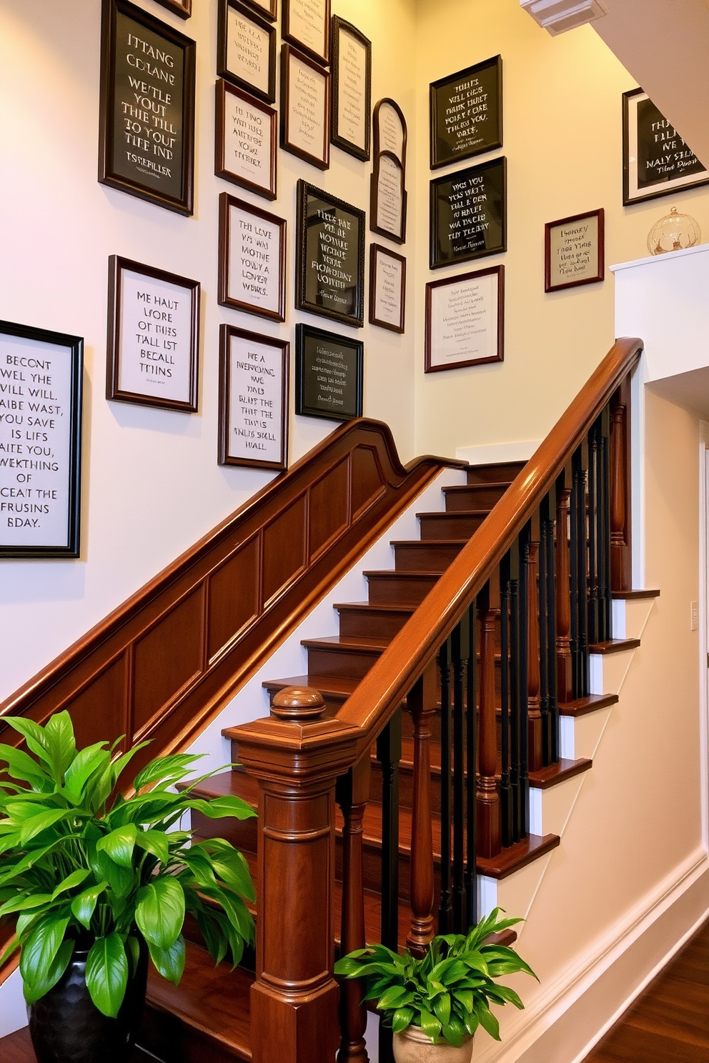 A stunning staircase adorned with elegant decor. The walls are lined with framed quotes and sayings that inspire and motivate, perfectly complementing the rich wooden banister. Vibrant greenery in decorative pots is placed at the base of the staircase. Soft lighting highlights the artwork and creates a warm, inviting atmosphere for guests.