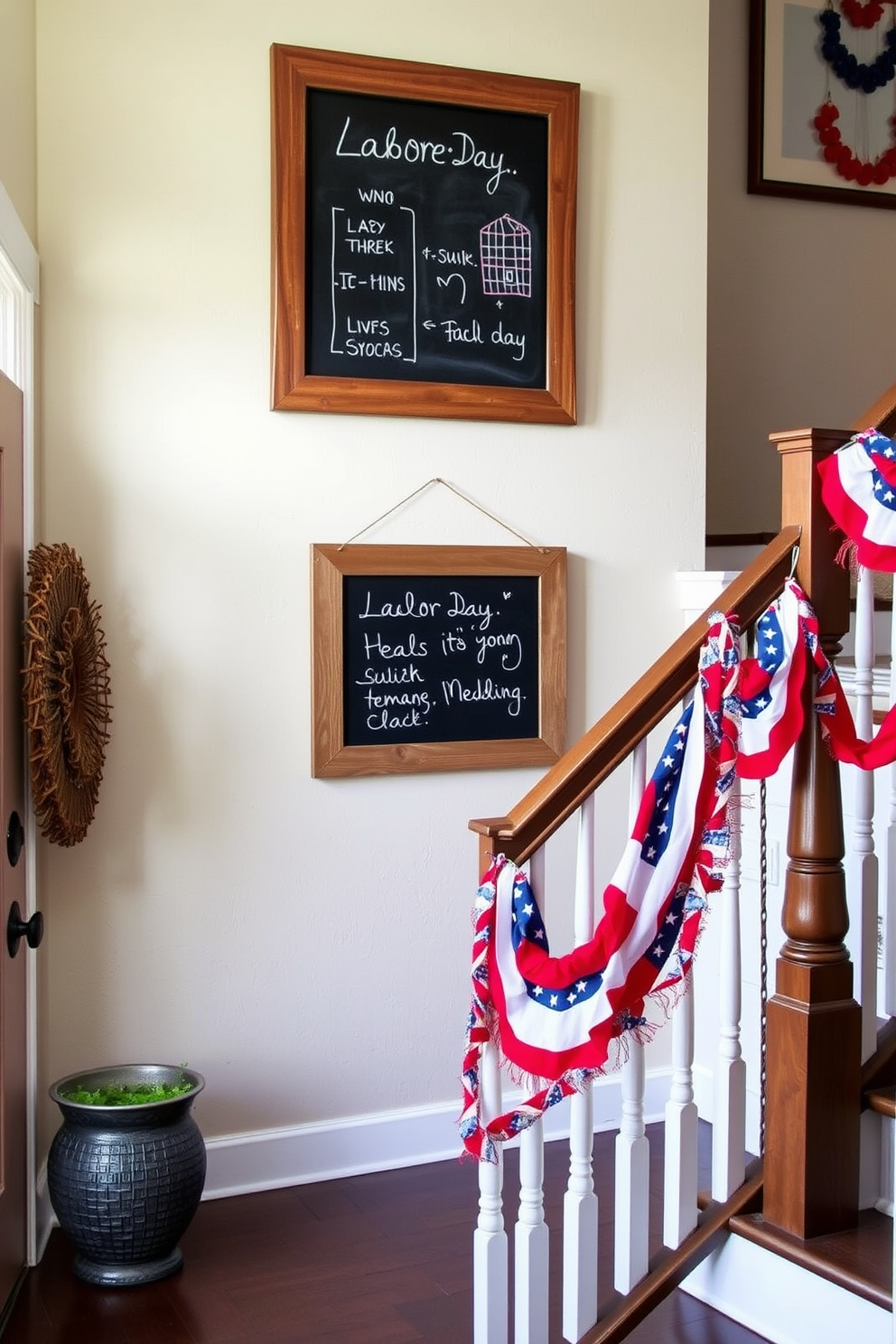 A welcoming entryway features a stylish chalkboard mounted on the wall for leaving messages and reminders. The chalkboard is framed in rustic wood, adding charm to the space and inviting creativity. The staircase is adorned with festive Labor Day decorations, showcasing red, white, and blue accents. Banners and garlands drape elegantly along the banister, creating a cheerful atmosphere.