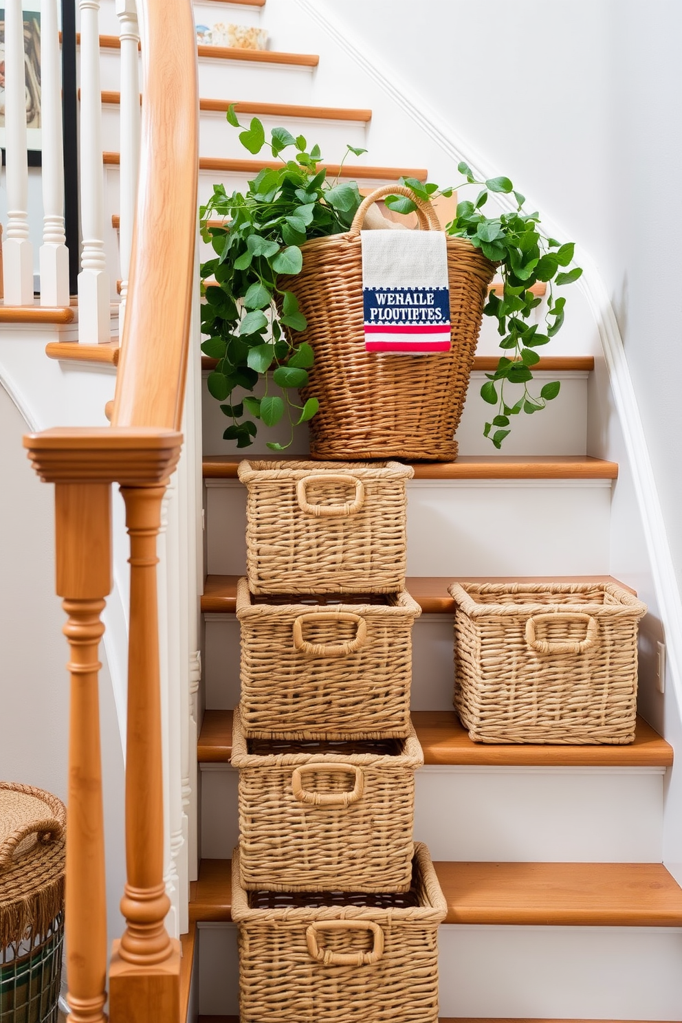 A stylish staircase adorned with decorative baskets for storage. The baskets are woven in natural fibers and are placed on each step, creating an inviting and organized look. The staircase is painted in a soft white hue, complementing the warm wooden handrail. Fresh greenery is added to the top basket, enhancing the overall aesthetic for Labor Day celebrations.