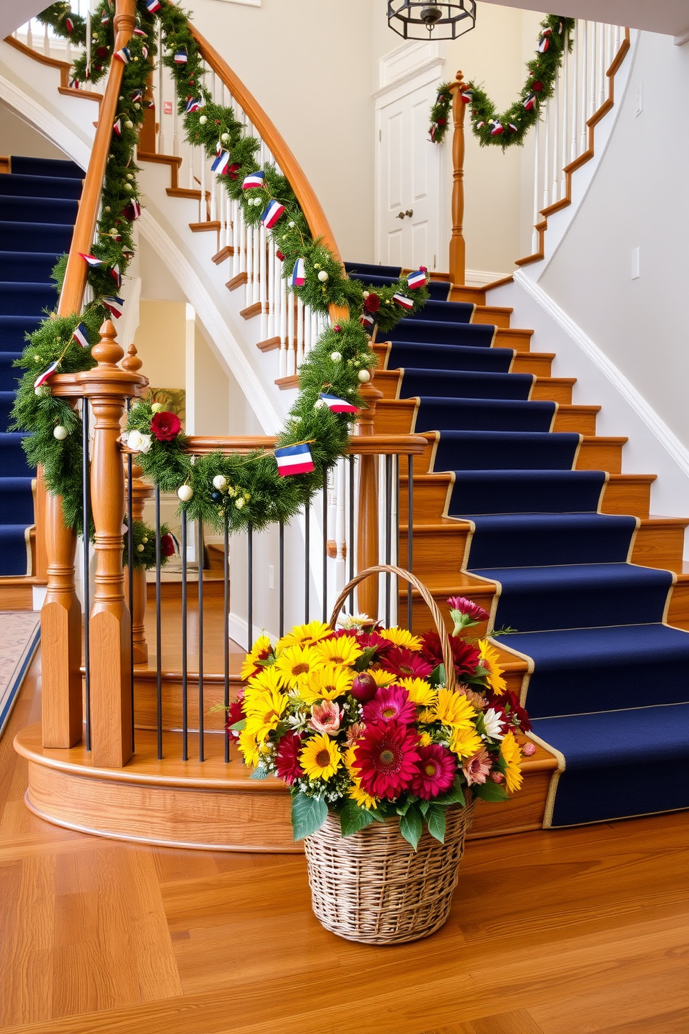 A grand staircase adorned for Labor Day features a rich navy blue runner that contrasts beautifully with the polished oak steps. Along the banister, red, white, and blue garlands intertwine, accented by small flags and clusters of seasonal flowers. At the base of the staircase, a large decorative basket filled with vibrant sunflowers, chrysanthemums, and seasonal fruits adds a festive touch. Soft, warm lighting illuminates the space, enhancing the cozy atmosphere of holiday gatherings.