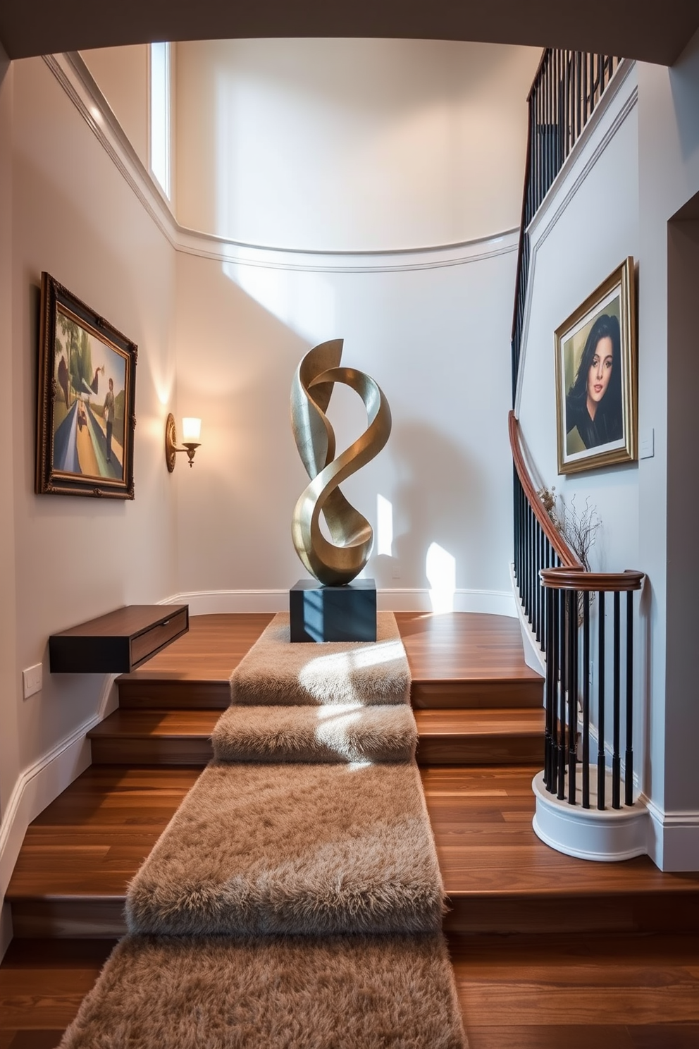 A stunning staircase landing features a grand sculptural piece that serves as a focal point. The surrounding area is elegantly decorated with a plush runner that complements the warm wood tones of the stairs. Soft lighting from a nearby fixture casts gentle shadows, enhancing the artistry of the sculpture. The walls are adorned with tasteful artwork that harmonizes with the overall decor, creating a cohesive and inviting atmosphere.