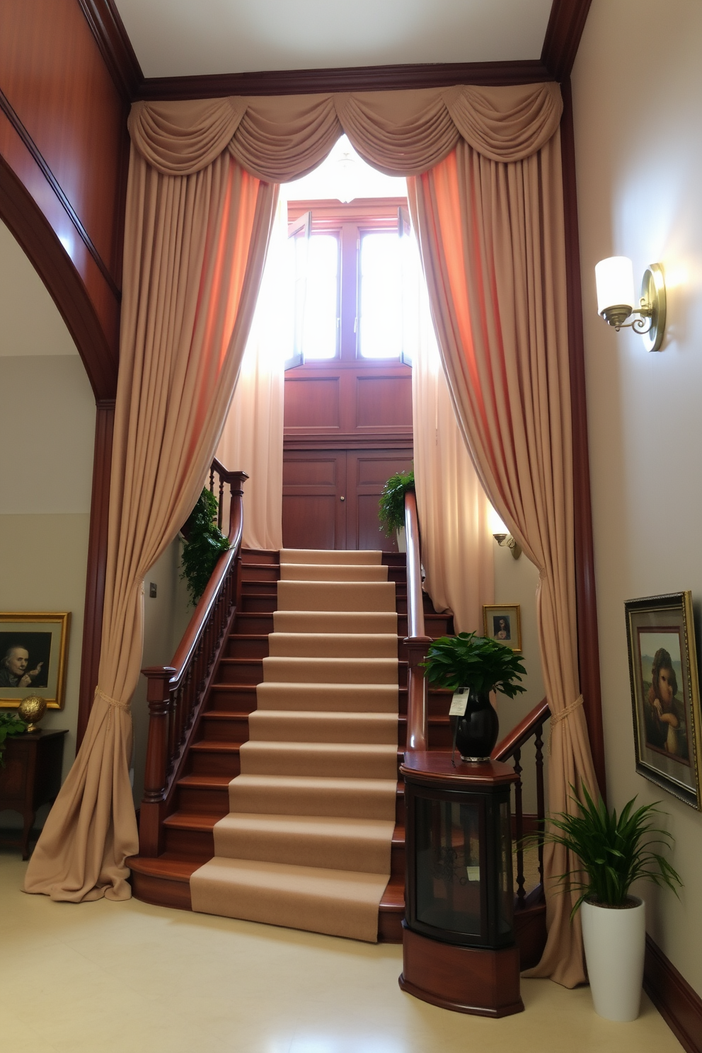 A grand staircase adorned with elegant fabric drapes cascading down each side creates a soft and inviting atmosphere. The drapes are in a warm, neutral tone that complements the rich wood of the staircase, enhancing its architectural beauty. Decorative elements such as potted plants and framed artwork line the staircase, adding personality and charm. Subtle lighting fixtures illuminate the space, casting a gentle glow that highlights the drapes and the staircase's intricate details.