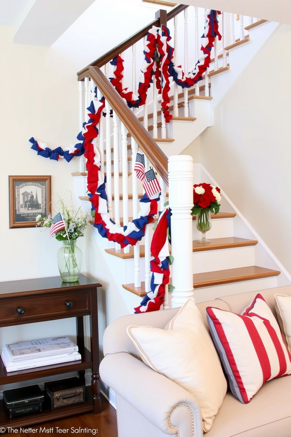 Create a warm and inviting staircase decor for Labor Day. Adorn the staircase with red white and blue garlands and place small American flags on each step for a festive touch. Incorporate seasonal flowers in shades of red and white in decorative vases along the railing. Add cozy throw pillows in patriotic colors on nearby seating to enhance the holiday spirit.