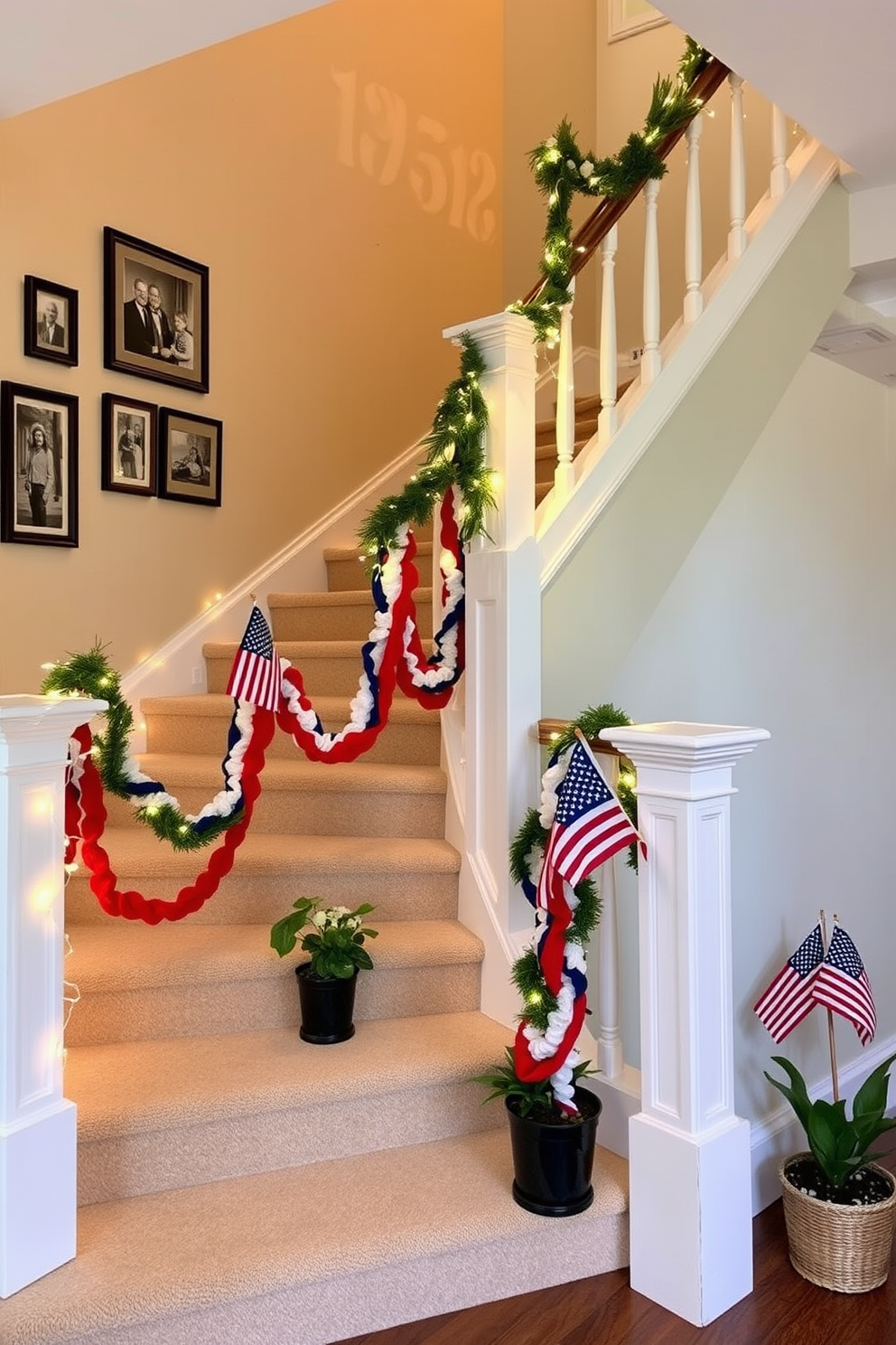 A beautiful staircase adorned with soft string lights that create a warm and inviting atmosphere. The steps are lined with small potted plants, and the walls are decorated with framed family photos that add a personal touch. For Labor Day, the staircase is tastefully decorated with red, white, and blue garlands that drape elegantly along the railing. Small American flags are placed strategically among the decorations to celebrate the holiday spirit.