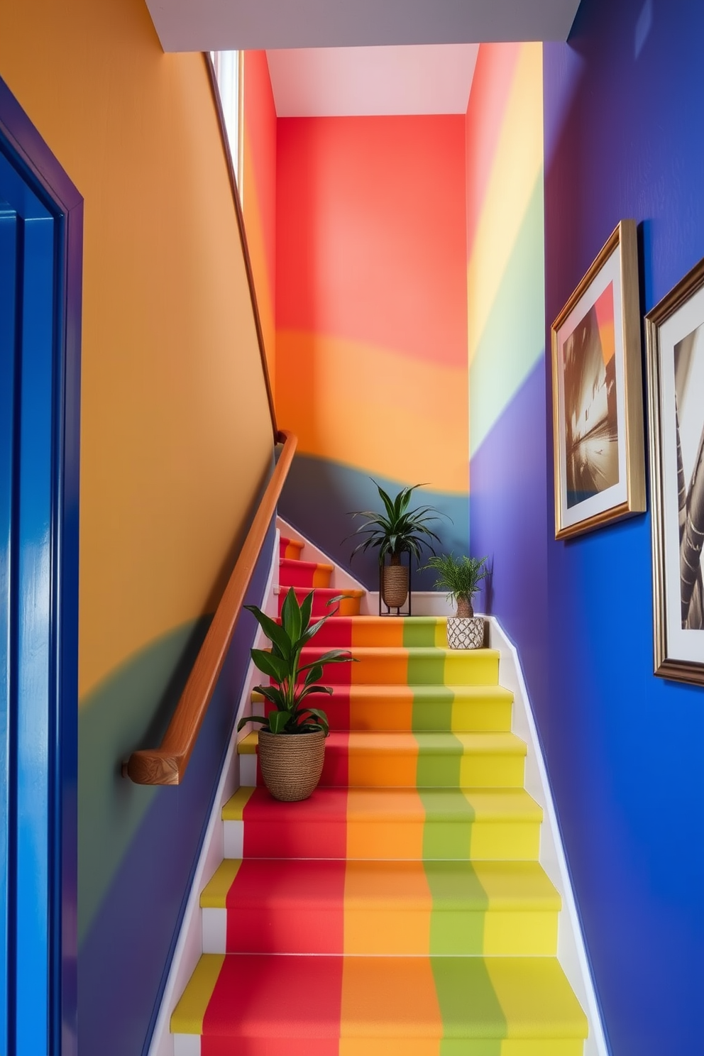 A vibrant staircase adorned with colorful wall paint creates a striking focal point in the home. The walls are painted in bold hues, featuring a gradient effect that draws the eye upward. Decorative elements such as framed artwork and potted plants line the staircase. The combination of colors and decor adds personality and warmth to the space, making it inviting and stylish.