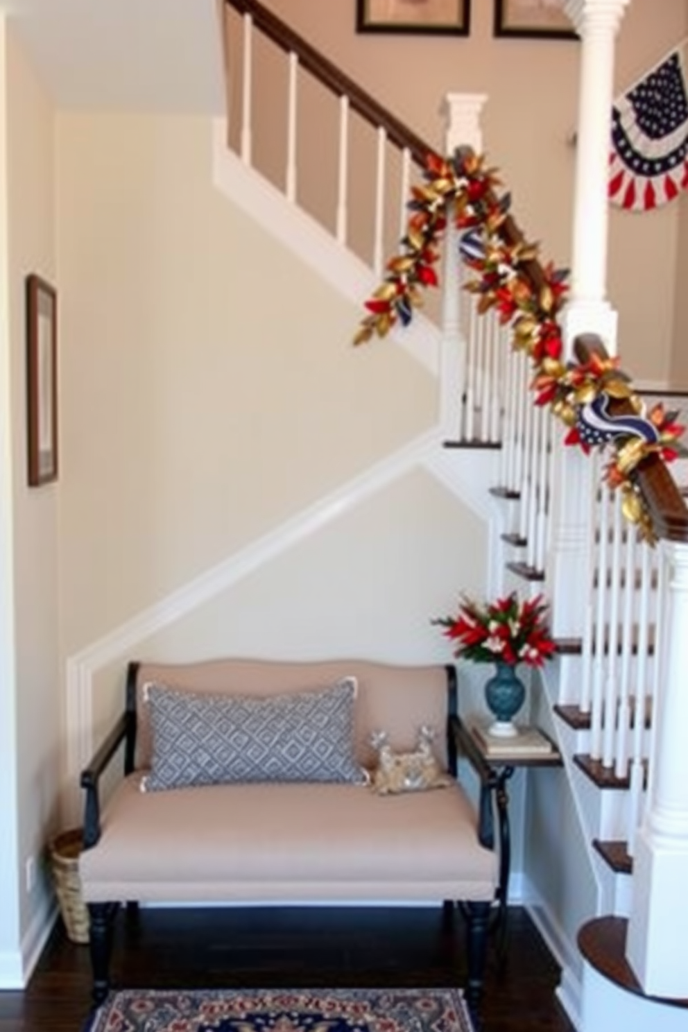 A stunning staircase adorned with elegant hanging mirrors that reflect light and create a sense of depth. The walls are painted in a soft neutral tone, with a beautifully crafted wooden banister that complements the overall design. For Labor Day, the staircase is decorated with vibrant seasonal accents. Fresh flowers in shades of red, white, and blue are arranged along the steps, creating a festive atmosphere that welcomes guests.