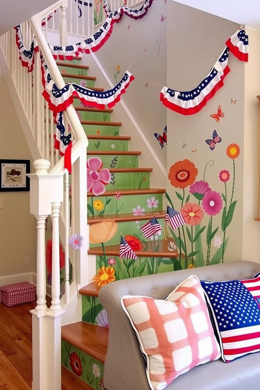 A whimsical staircase design features a vibrant mural that wraps around the stair risers, depicting a colorful garden scene filled with oversized flowers and playful butterflies. The staircase railing is painted in a soft pastel color that complements the mural, creating a cheerful and inviting atmosphere. For Labor Day, the staircase is adorned with festive decorations, including red, white, and blue bunting draped along the railing and small American flags placed strategically on the steps. Cozy throw pillows in patriotic colors are scattered on the nearby seating area, enhancing the holiday spirit.