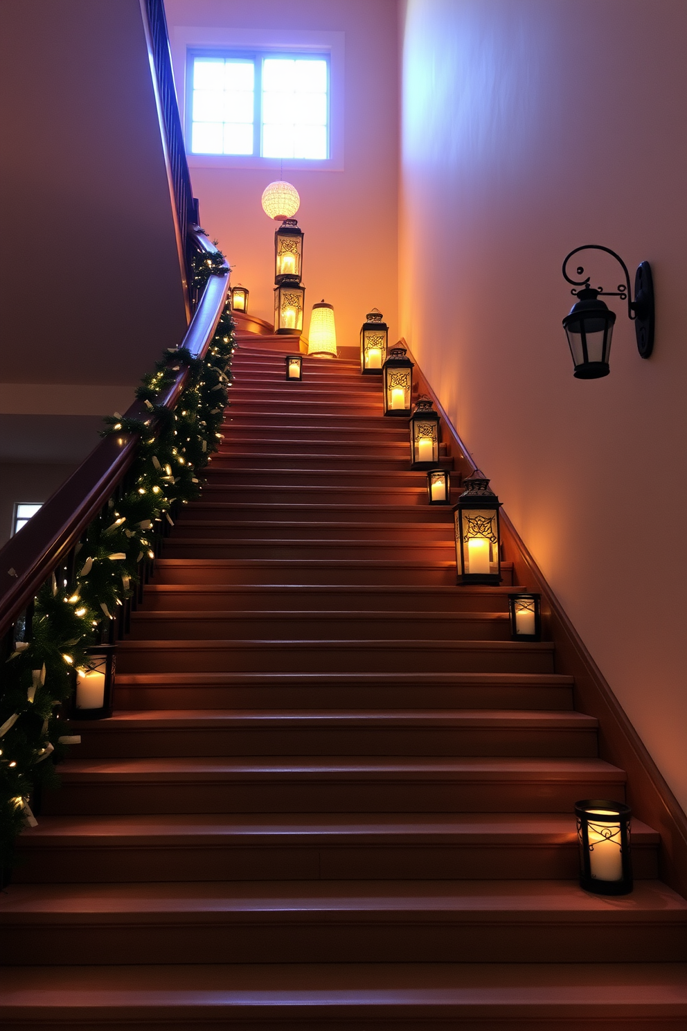 A stunning staircase adorned with decorative lanterns that cast a warm glow. The lanterns are arranged at varying heights along the staircase, creating an inviting ambiance for Labor Day celebrations.