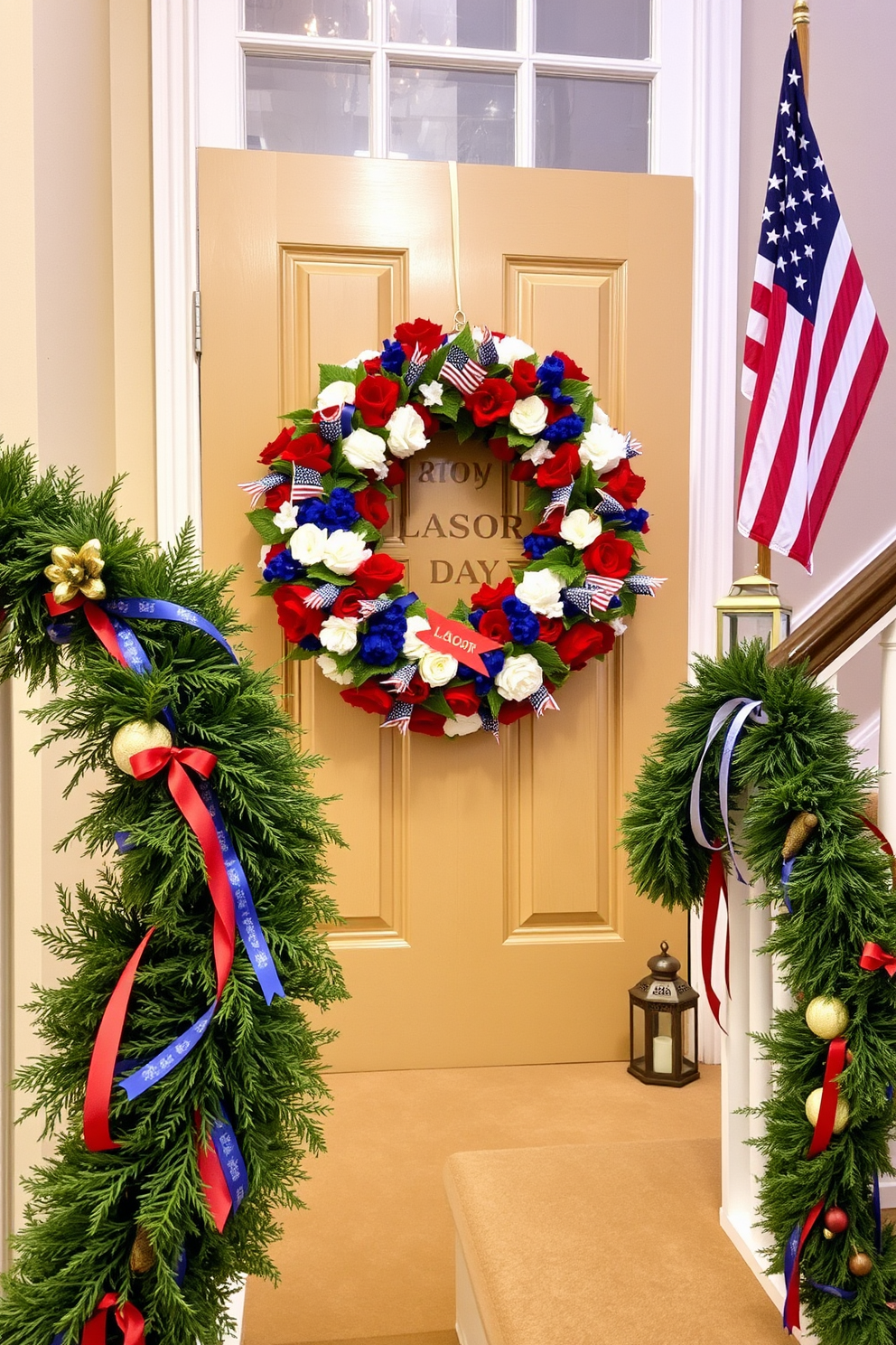 A beautifully decorated staircase for Labor Day features a vibrant display of red white and blue garlands draped along the handrail. At the base of the stairs, a large patriotic wreath adorned with stars and stripes welcomes guests into the home. On each step, small potted plants with seasonal flowers add a touch of freshness and color to the festive decor. Lanterns filled with candles line the staircase to create a warm inviting atmosphere for family and friends.