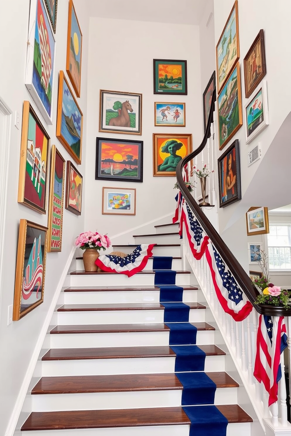 A stunning staircase adorned with vibrant artwork from local artists. The walls are painted in a soft white, allowing the colors of the art pieces to pop against the backdrop. Decorative elements for Labor Day are tastefully arranged along the staircase. Subtle touches like small flags and seasonal flowers enhance the festive atmosphere without overwhelming the space.