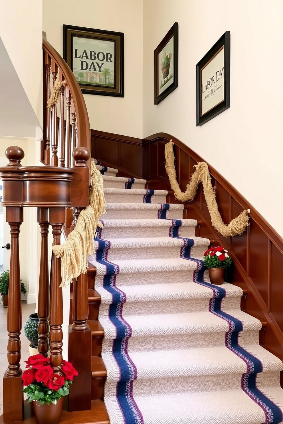 A beautifully decorated staircase adorned for Labor Day features a rich wooden banister and a plush runner in patriotic colors. Along the steps, small potted plants with red and white flowers are placed, adding a touch of seasonal charm. The walls are painted in a soft cream shade, providing a warm backdrop for framed artwork depicting Labor Day themes. Decorative garlands of burlap and twine drape elegantly along the railing, enhancing the festive atmosphere.