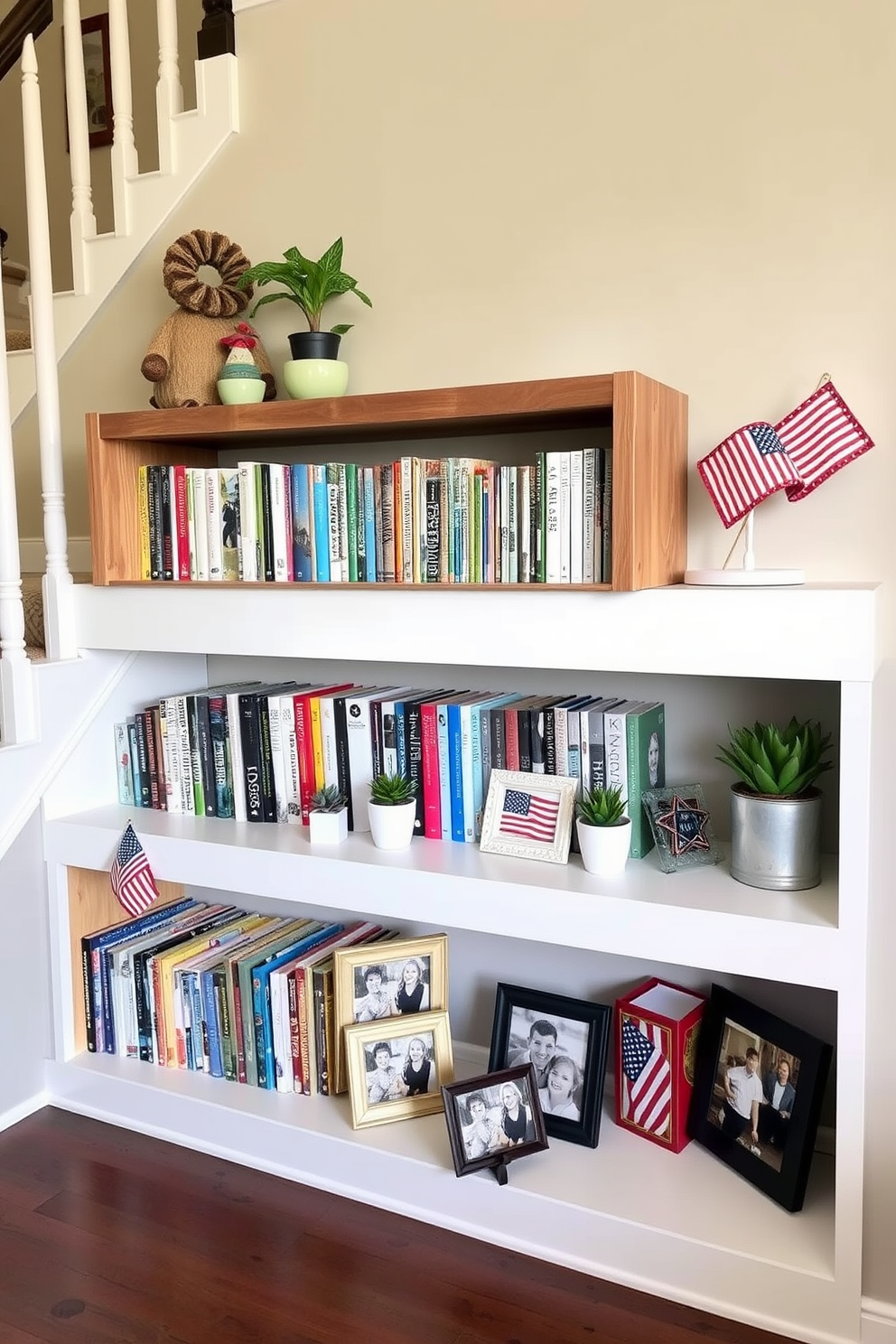 A stylish staircase adorned with a custom-built shelf showcasing an array of colorful books. The shelf is crafted from reclaimed wood, adding warmth to the space, while decorative bookends in a modern design keep the books organized. Festive Labor Day decorations complement the bookshelf, featuring subtle red, white, and blue accents. Small potted plants and framed family photos are interspersed among the books, creating a welcoming and personalized atmosphere.