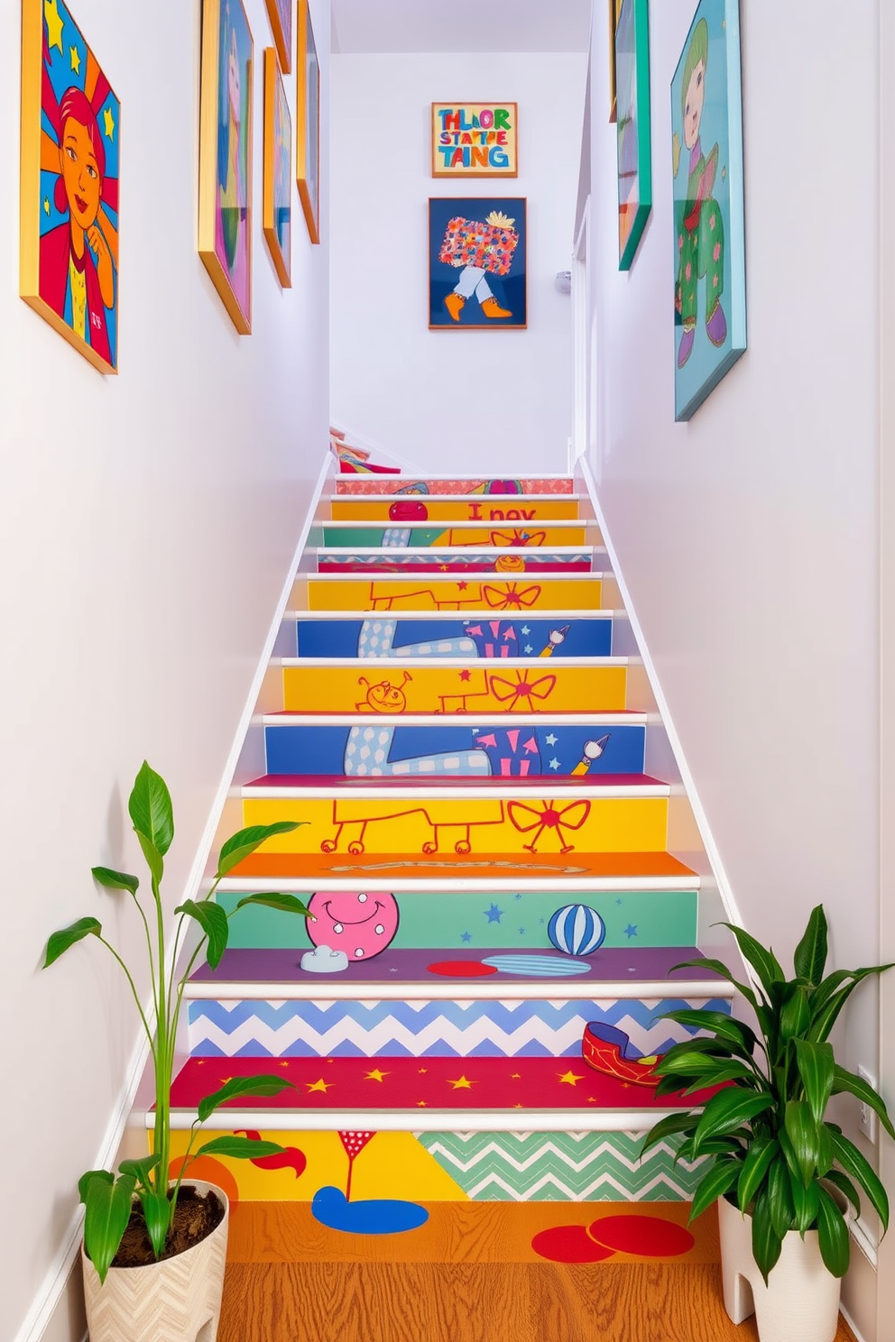 A vibrant staircase adorned with playful stair tread designs that feature bold colors and whimsical patterns. The staircase is flanked by a modern railing, and the walls are painted in a soft white to enhance the bright treads. Colorful artwork hangs on the walls, adding personality and charm to the space. Potted plants are placed at the base of the staircase, bringing a touch of greenery and life to the decor.