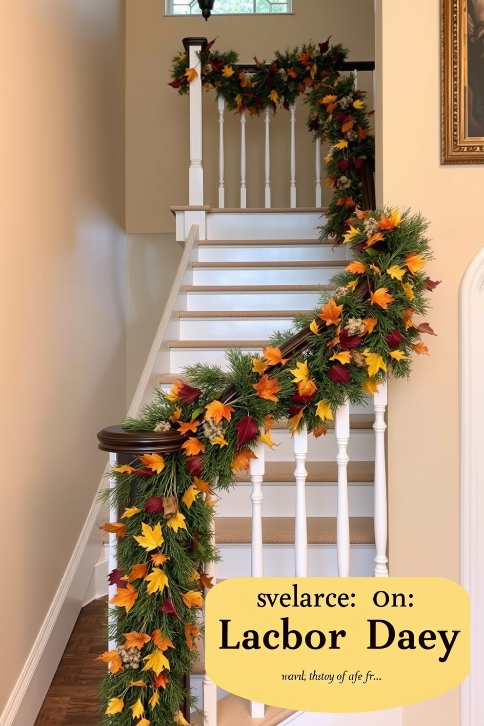 A stunning staircase adorned with seasonal wreaths gracefully drapes over the railing. The wreaths are vibrant with autumn colors, featuring rich reds, oranges, and yellows, creating a warm and inviting atmosphere for Labor Day celebrations.