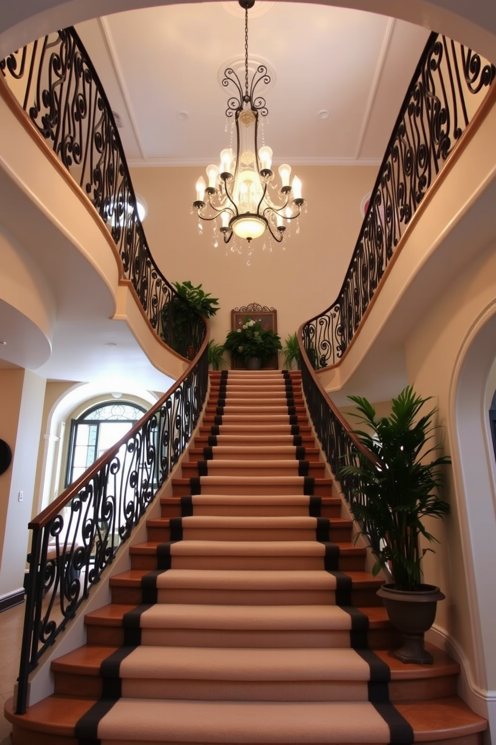 Create a vibrant and festive atmosphere with colorful banners and bunting strung along the staircase. The decorations should feature red, white, and blue colors to celebrate Labor Day, with playful patterns that evoke a sense of joy and celebration. Enhance the staircase with additional elements like small potted plants or lanterns placed on each step. Incorporate subtle lighting to highlight the banners, creating a warm and inviting ambiance for guests as they ascend or descend the stairs.