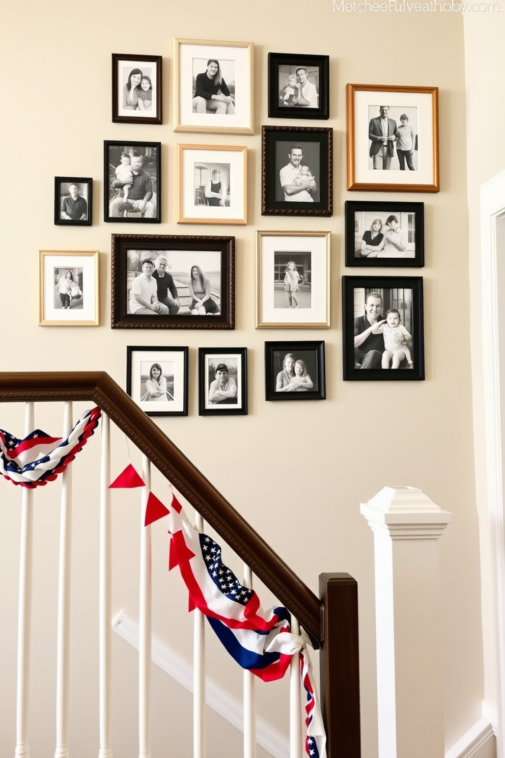 Create a gallery wall featuring a collection of family photos in various sizes and frames. The arrangement should be asymmetrical and include black and white images alongside colorful ones for contrast. Decorate the staircase for Labor Day with red white and blue accents. Use festive garlands and small flags to enhance the seasonal theme while keeping the design elegant and inviting.