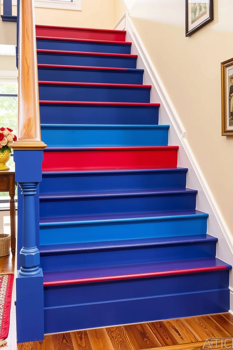 Paint the risers in bold colors to create a vibrant and eye-catching staircase. Use a mix of hues like deep blue, bright red, and sunny yellow to evoke a festive atmosphere for Labor Day.