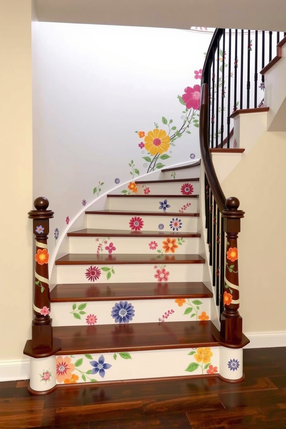 A stylish staircase adorned with decorative wall decals featuring vibrant floral patterns. The decals wrap around the railing and ascend alongside the steps, creating a lively and inviting atmosphere for Labor Day celebrations.