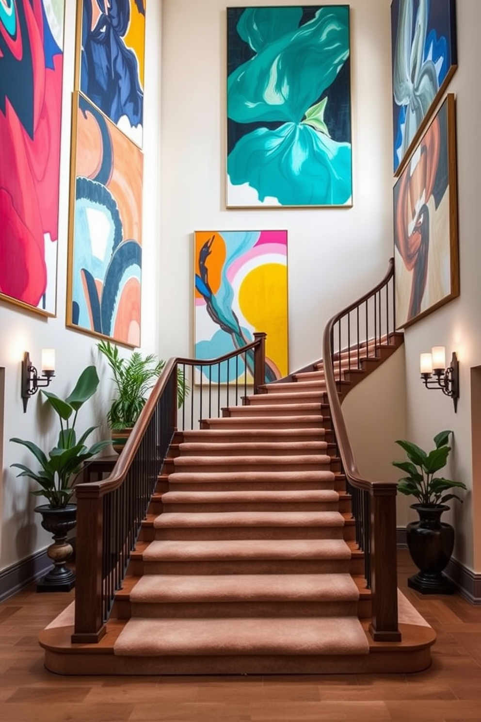 A grand staircase adorned with mirrored accents that catch and reflect light beautifully. The walls are painted in a soft white hue, and the staircase features elegant wooden railings that complement the overall design. Decorative elements such as framed mirrors and reflective vases are strategically placed along the staircase to enhance the sense of space. Soft lighting illuminates the area, creating a warm and inviting atmosphere for Labor Day celebrations.