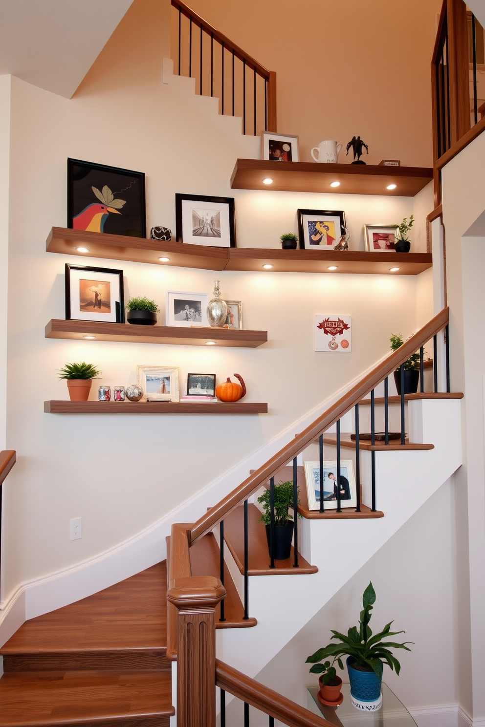 A stunning staircase adorned with floating shelves showcases a curated collection of art and decorative pieces. The shelves are made of sleek wood, complementing the elegant banister, while soft lighting highlights the displayed items. Colorful accents and seasonal decor enhance the staircase's appeal, creating a welcoming atmosphere. Thoughtfully arranged elements, such as potted plants and framed photos, add personal touches to the space.