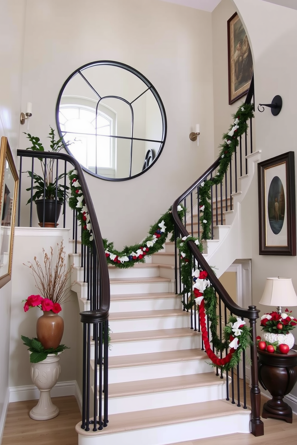 A beautifully designed staircase features a large round mirror strategically placed at the landing to reflect natural light and create an airy atmosphere. The walls are adorned with elegant artwork, and the staircase is complemented by decorative elements such as potted plants and stylish lighting fixtures. For Labor Day, the staircase is decorated with festive garlands and seasonal flowers, enhancing the welcoming feel of the home. Subtle touches of red, white, and blue are incorporated into the decor, creating a harmonious and patriotic ambiance.